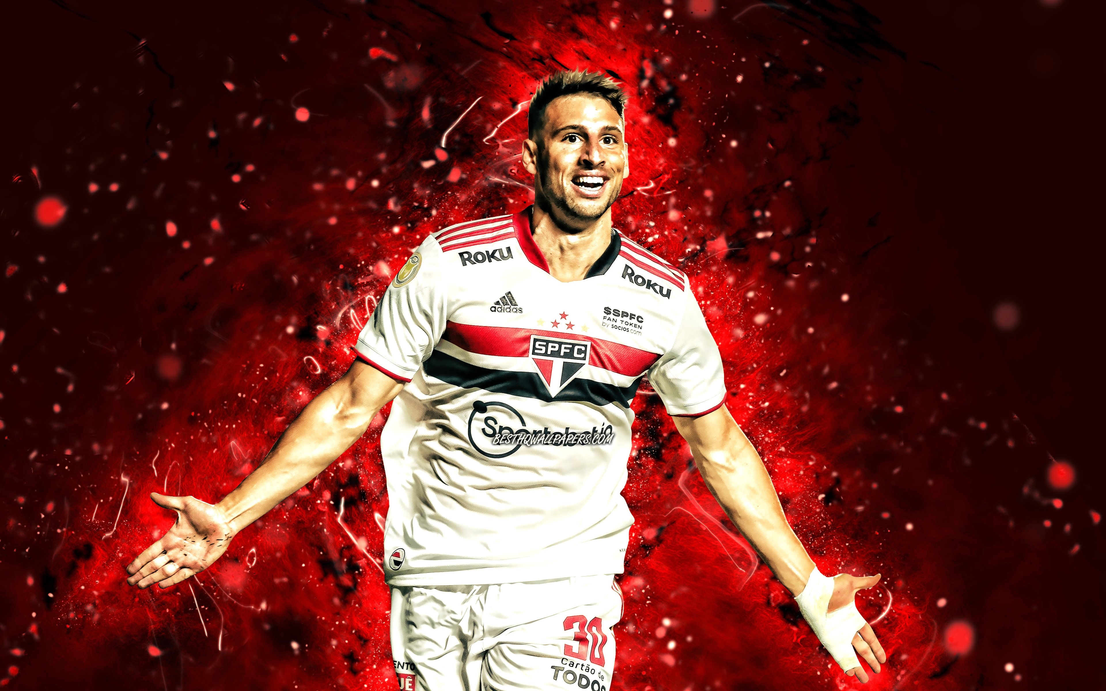 3840x2400 Download wallpaper Jonathan Calleri, 4k, red neon lights, Sao Paulo FC, argentinian footballers, SPFC, soccer, Brazilian Serie A, football, Brazil, Jonathan Calleri 4K, Jonathan Calleri Sao Paulo FC for desktop with resolution, Desktop