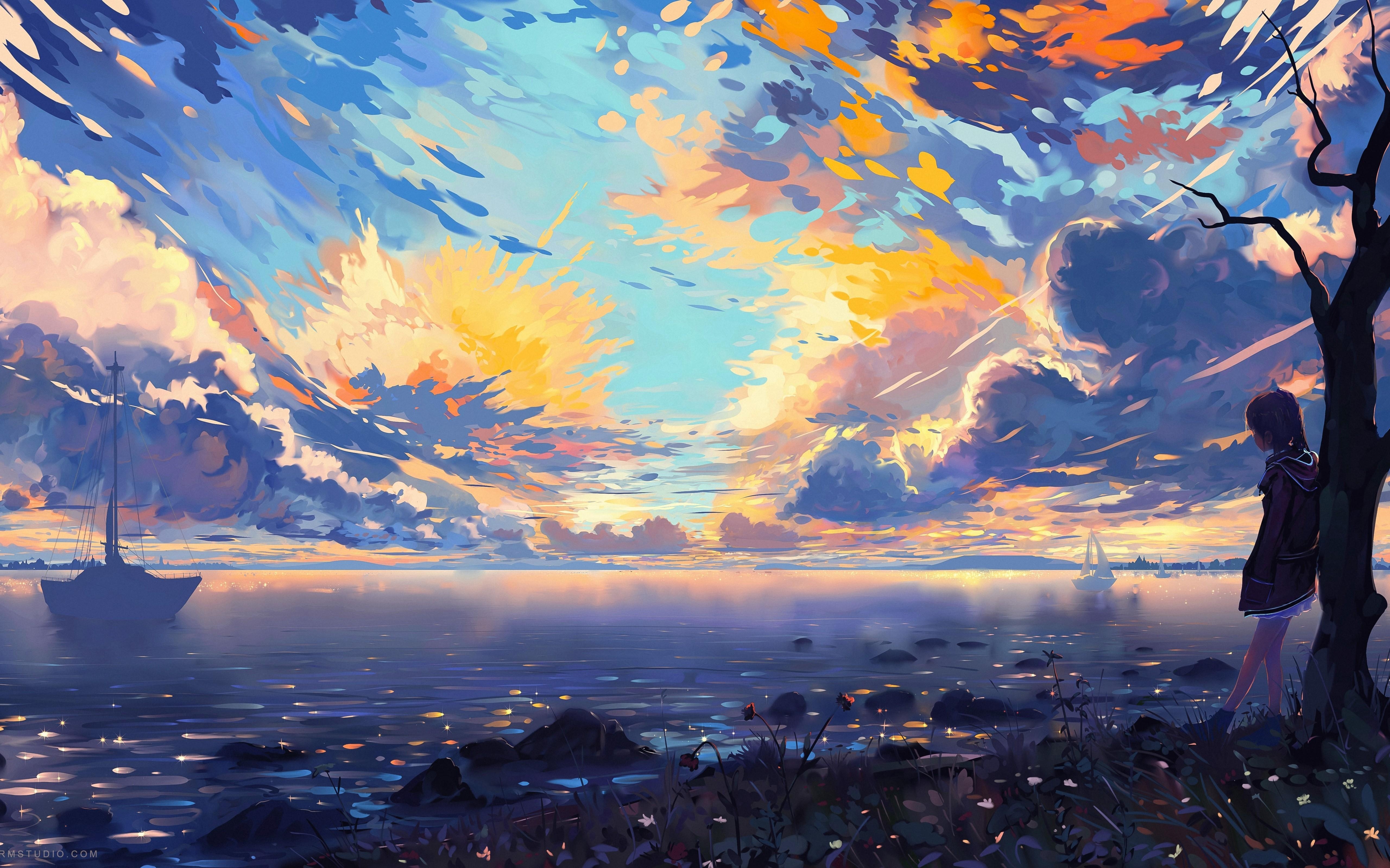 5120x3200 Download  Anime Landscape, Sea, Ships, Colorful, Clouds, Desktop