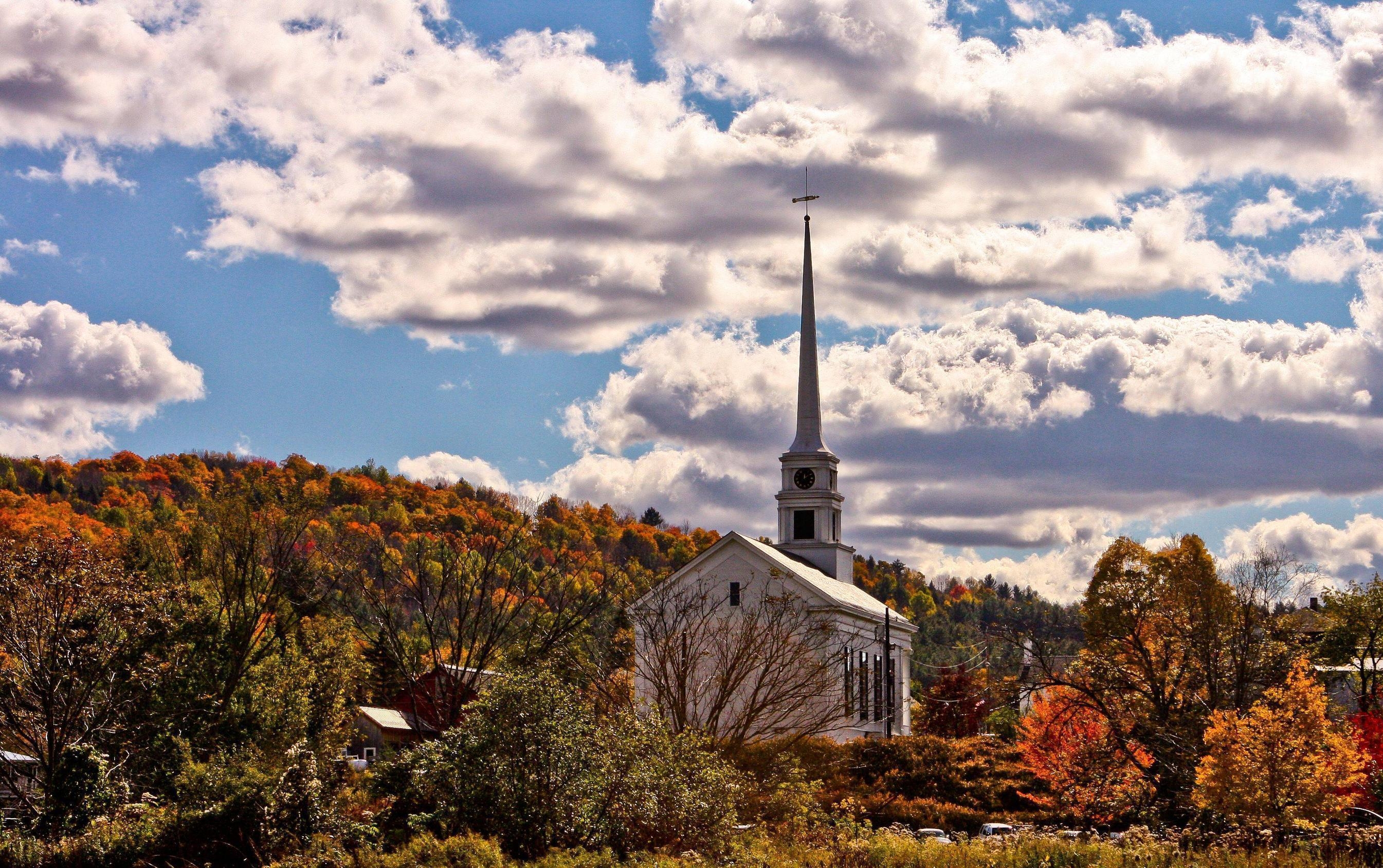 2690x1690 Church and Autumn Leaves wallpaper, Desktop