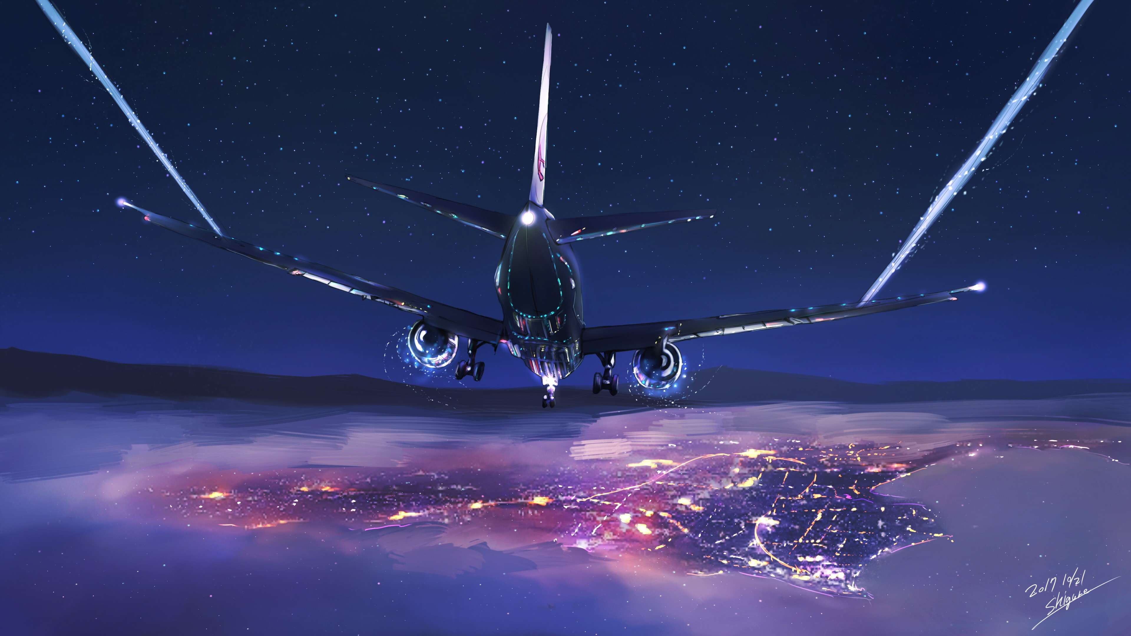 3840x2160 4K, city, night, Airbus, digital art, sky, airplane, stars, mountains, city lights, drawing, clouds Gallery HD Wallpaper, Desktop