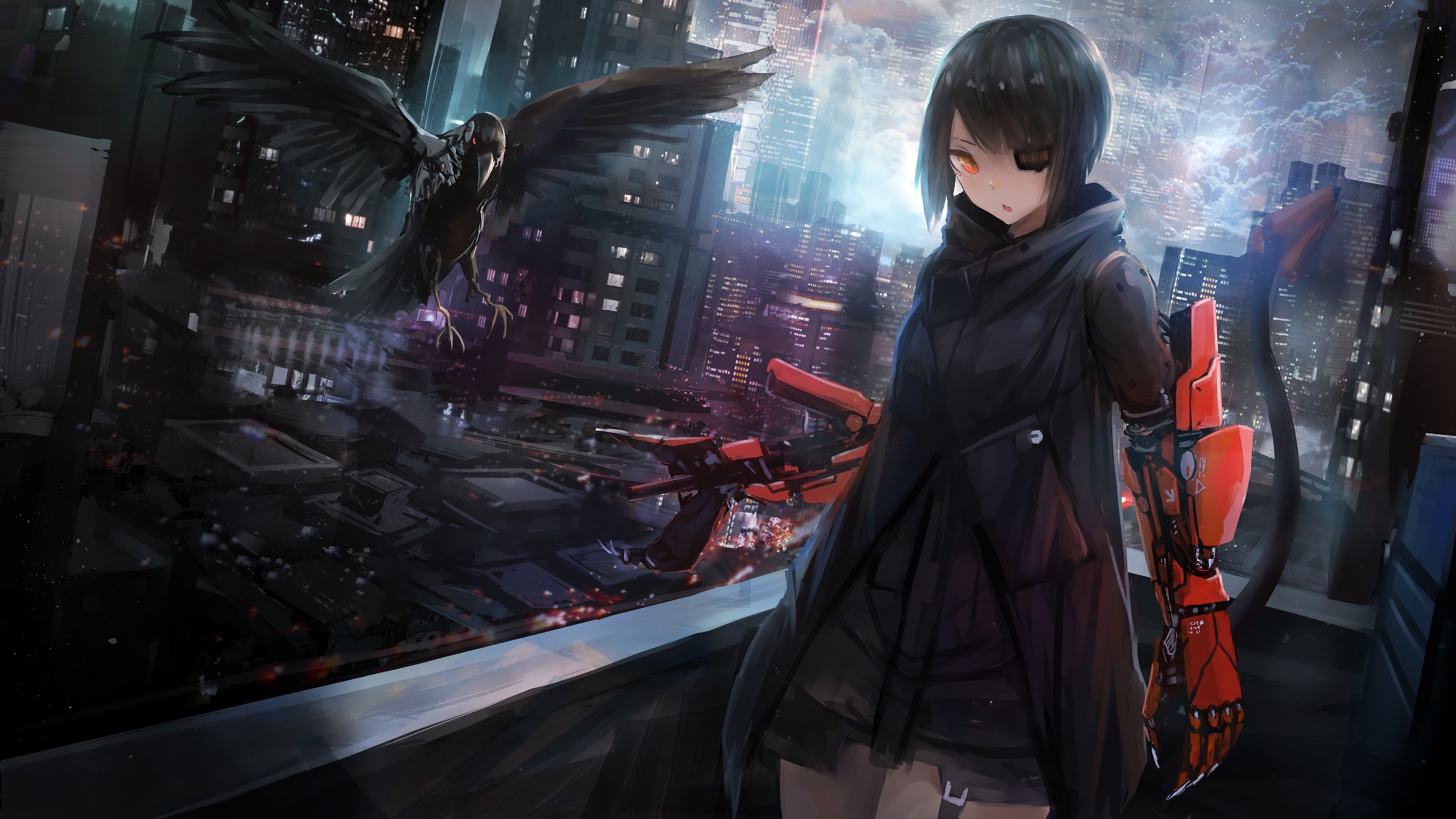 3840x2160 Anime Girl Crow Cyberpunk Sci Fi 4K Wallpaper, Desktop