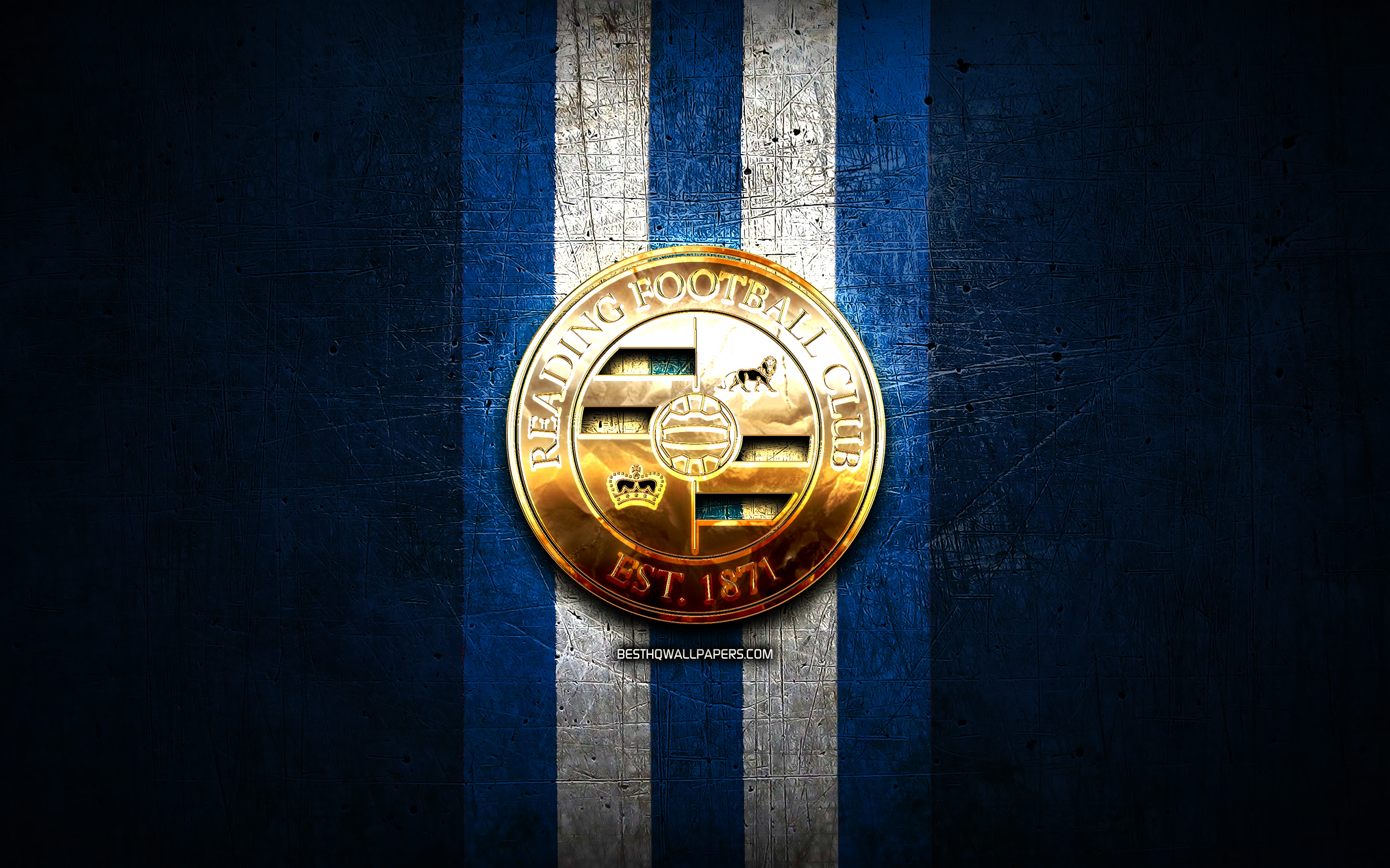 2880x1800 Download wallpaper Reading FC, golden logo, EFL Championship, blue metal background, football, FC Reading, english football club, Reading FC logo, soccer, England for desktop with resolution. High Quality HD picture wallpaper, Desktop