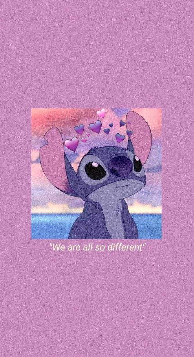 670x1230 Download Cute Aesthetic Cartoon Stitch Purple Hearts Wallpaper, Phone