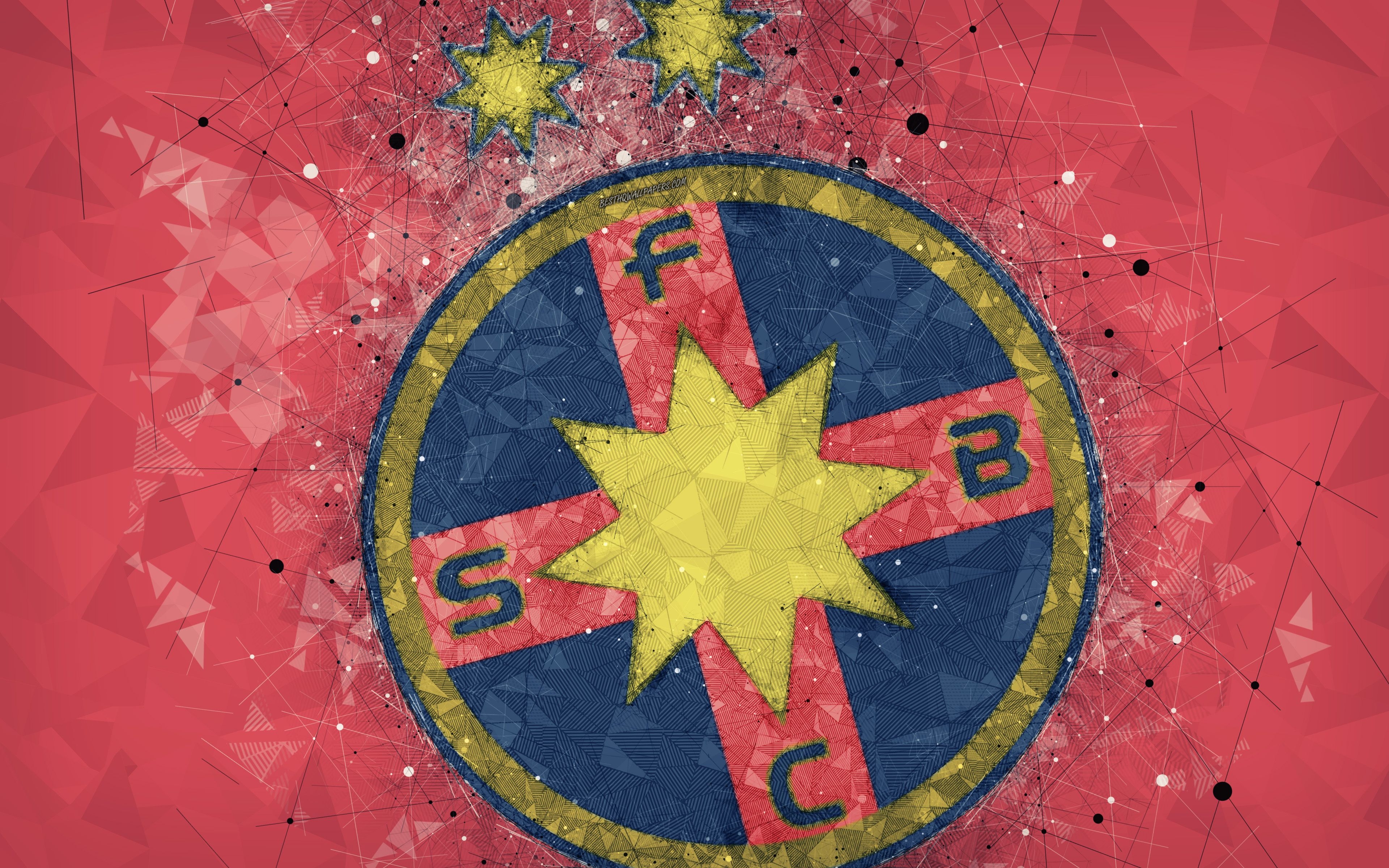 3840x2400 Download wallpaper FC Steaua Bucharest, FCSB, 4k, new logo, geometric art, red background, Romanian football club, new emblem, Liga Bucharest, Romania, football, art for desktop with resolution. High Quality HD, Desktop