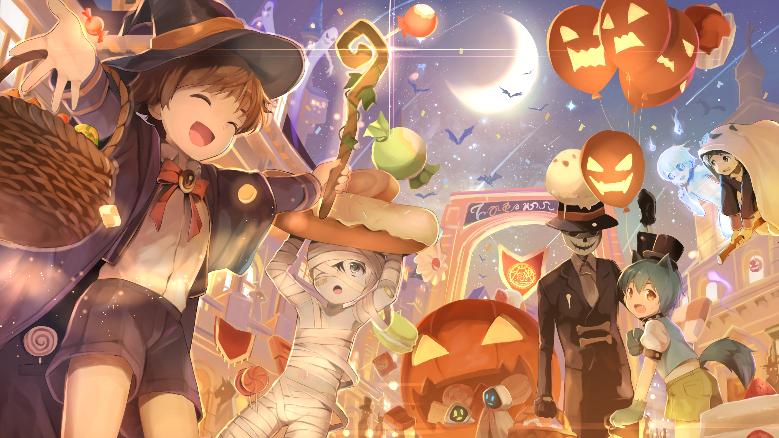 2650x1490 Anime Bat Candy Cute Ghost Girl Halloween Moon Mummy Night Pumpkin Spirit Witch Wallpaper:, Desktop