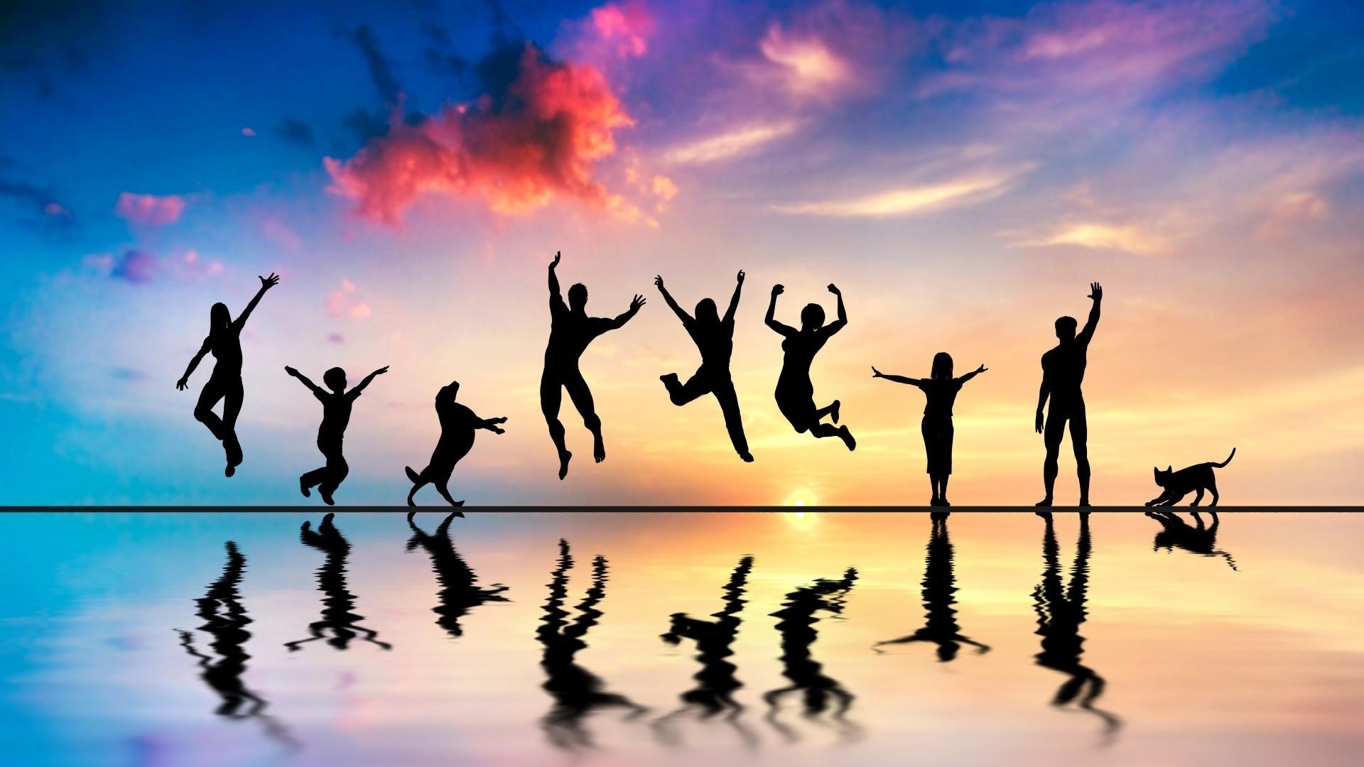 1920x1080 jumping silhouette group of people cat sea reflection Wallpaper, Desktop