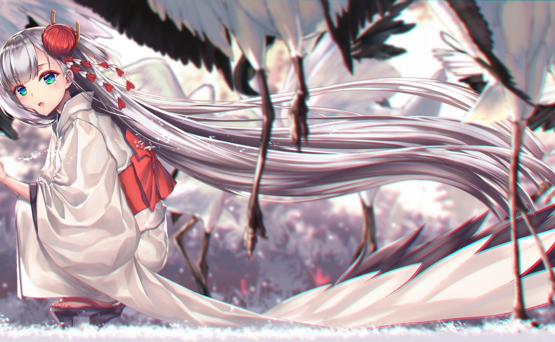 2250x1390 Download  Azur Lane, Shoukaku, Kimono, White Hair, Birds, Desktop