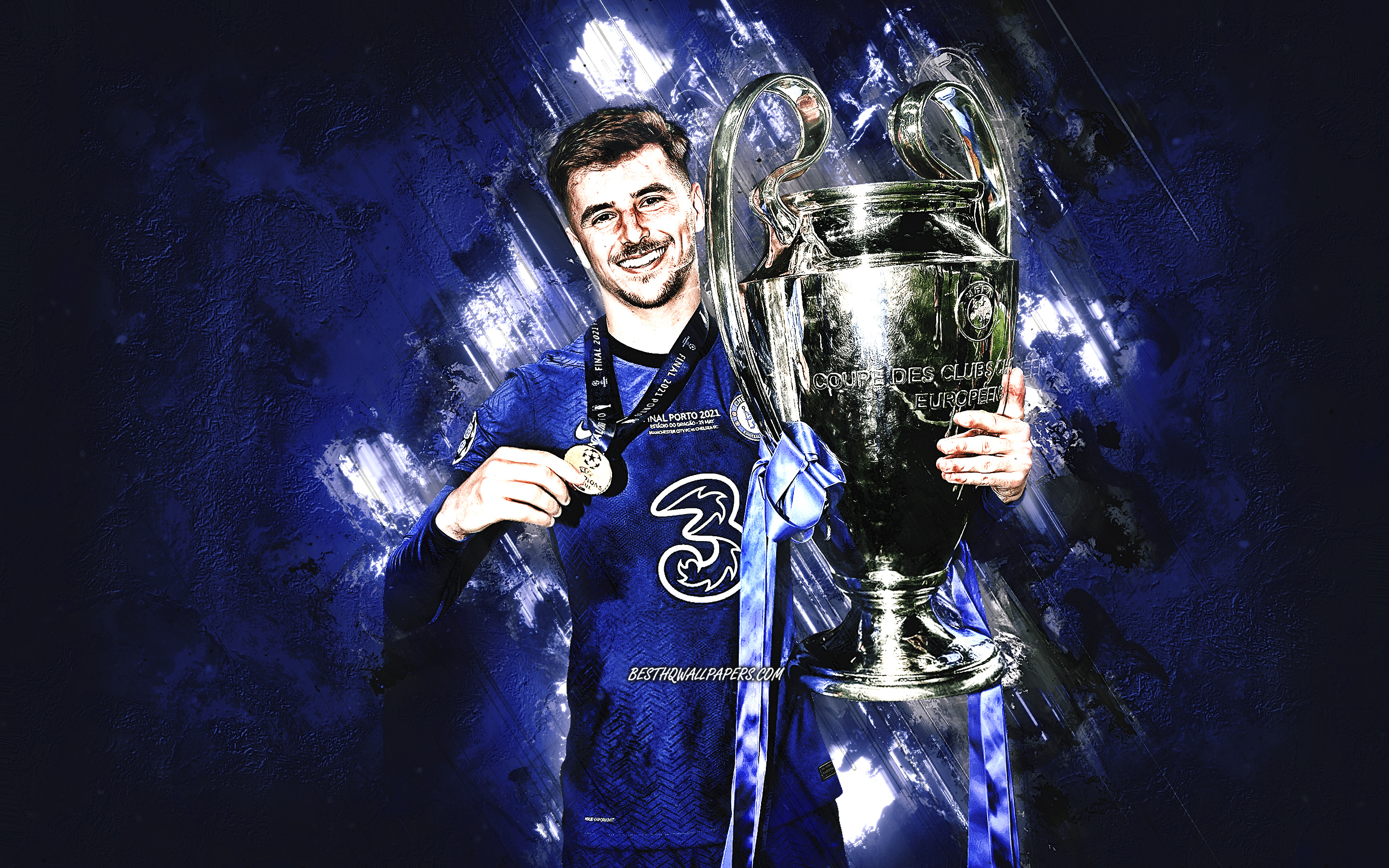 2880x1800 Download wallpaper Mason Mount, Chelsea FC, Champions League cup, English footballer, blue stone background, soccer, grunge art for desktop with resolution. High Quality HD picture wallpaper, Desktop