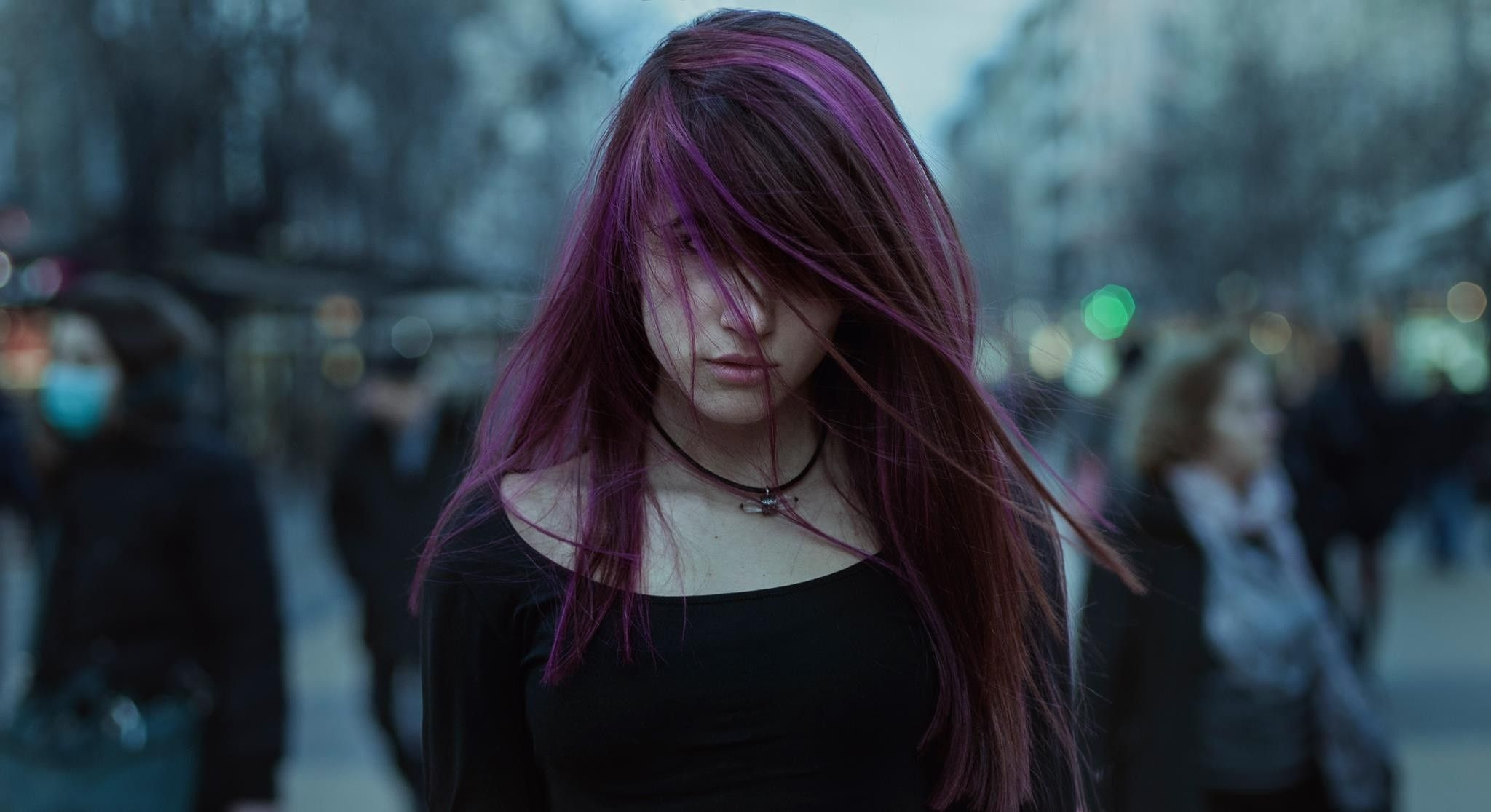 2050x1120 Purple Hairs Girl, HD Girls, 4k Wallpaper, Image, Background, Photo and Picture, Desktop