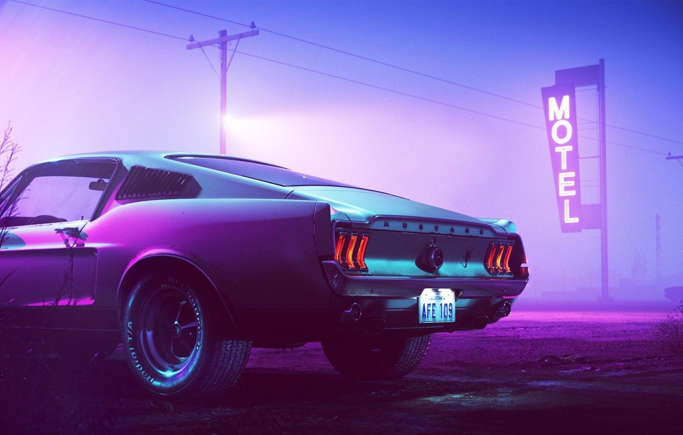 1340x850 Wallpaper Ford Mustang, Neon, Motel image for desktop, Desktop