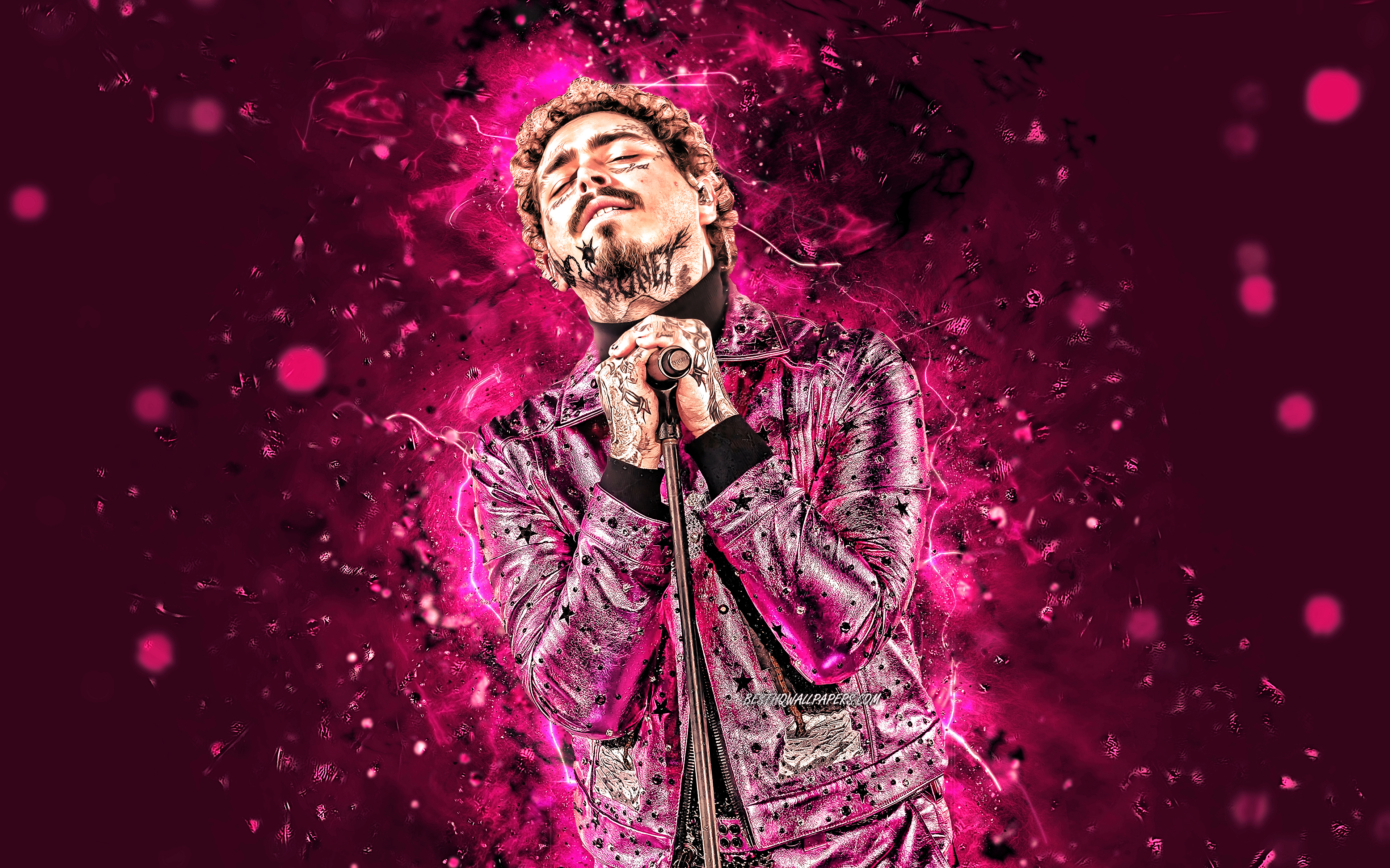 3840x2400 Download wallpaper Post Malone, purple neon lights, 4k, american rapper, music stars, american celebrity, Austin Richard Post, fan art, Post Malone 4K for desktop with resolution. High Quality HD picture, Desktop