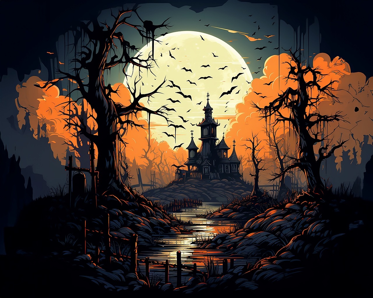 1280x1030 Download Halloween Forest Haunted House Royalty Free Stock Illustration Image, Desktop