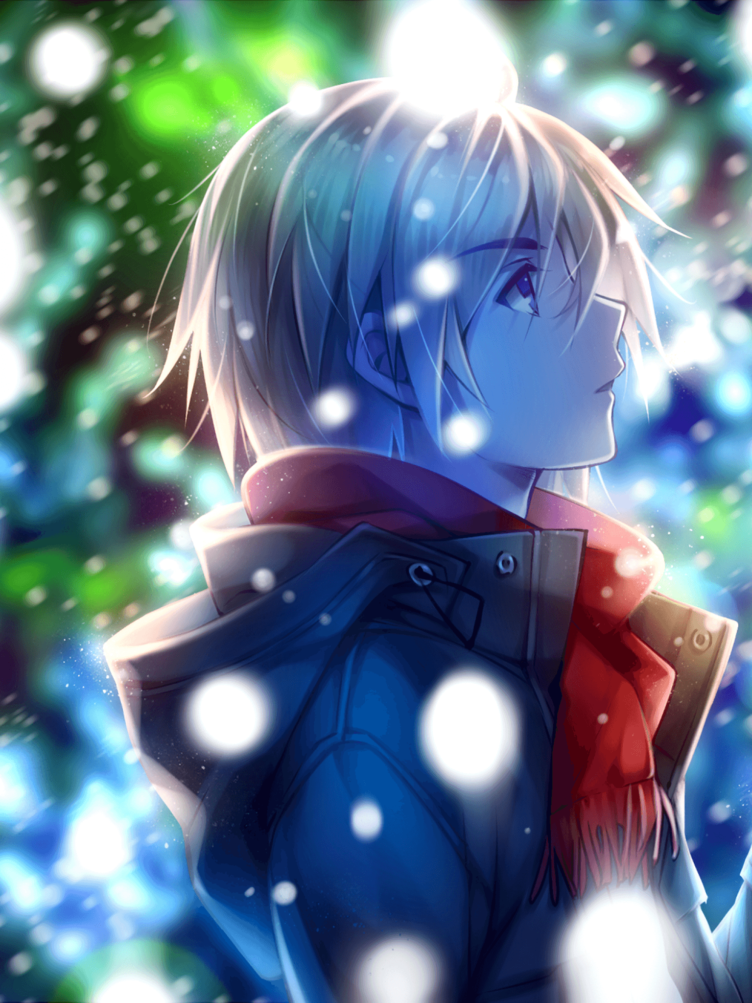 1540x2050 Anime Boy, Profile View, Red Scarf, Winter, Snow, Coffee, HD, Phone