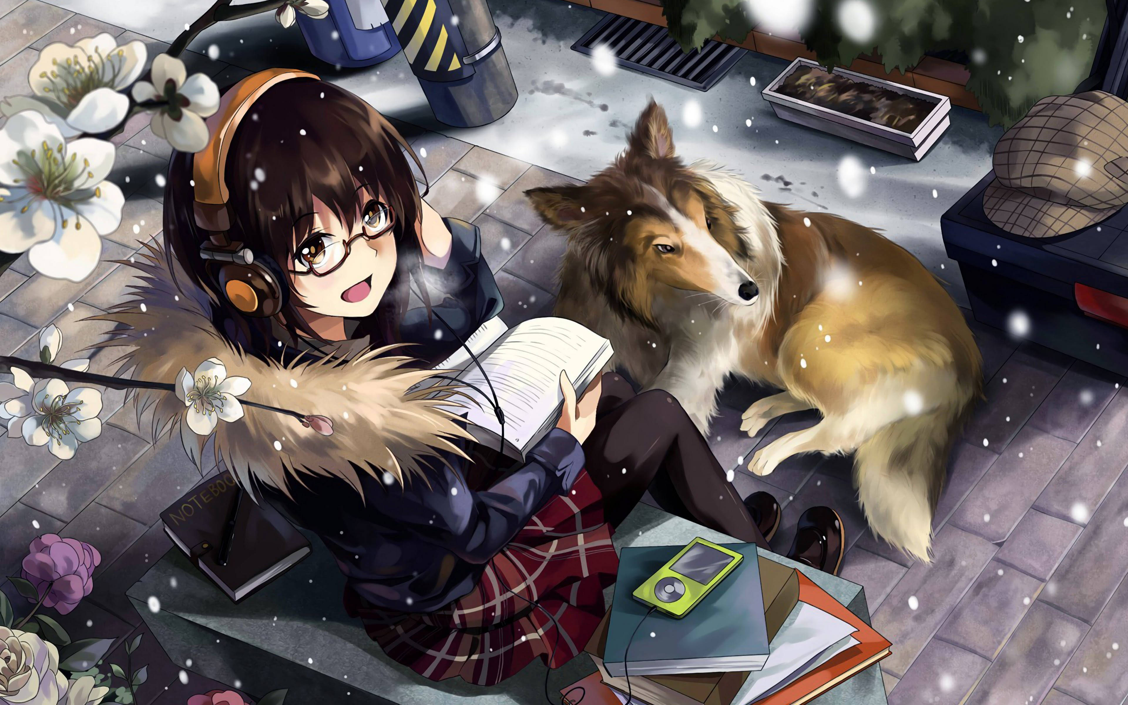 3840x2400 Download Anime Dog And Girl Winter Scene Wallpaper, Desktop