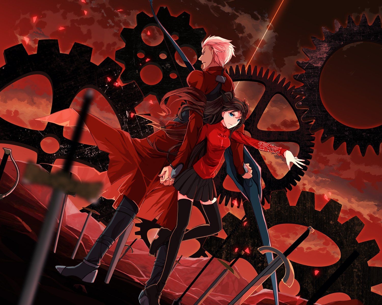 1500x1200 Anime series fate stay night swords red characters girl boy dress, Desktop