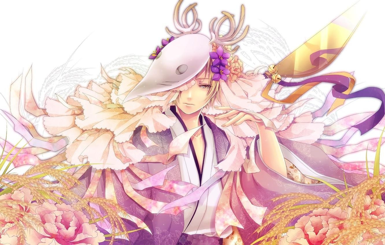 1340x850 Wallpaper flowers, mask, horns, ears, Japanese clothing, Cape, Desktop