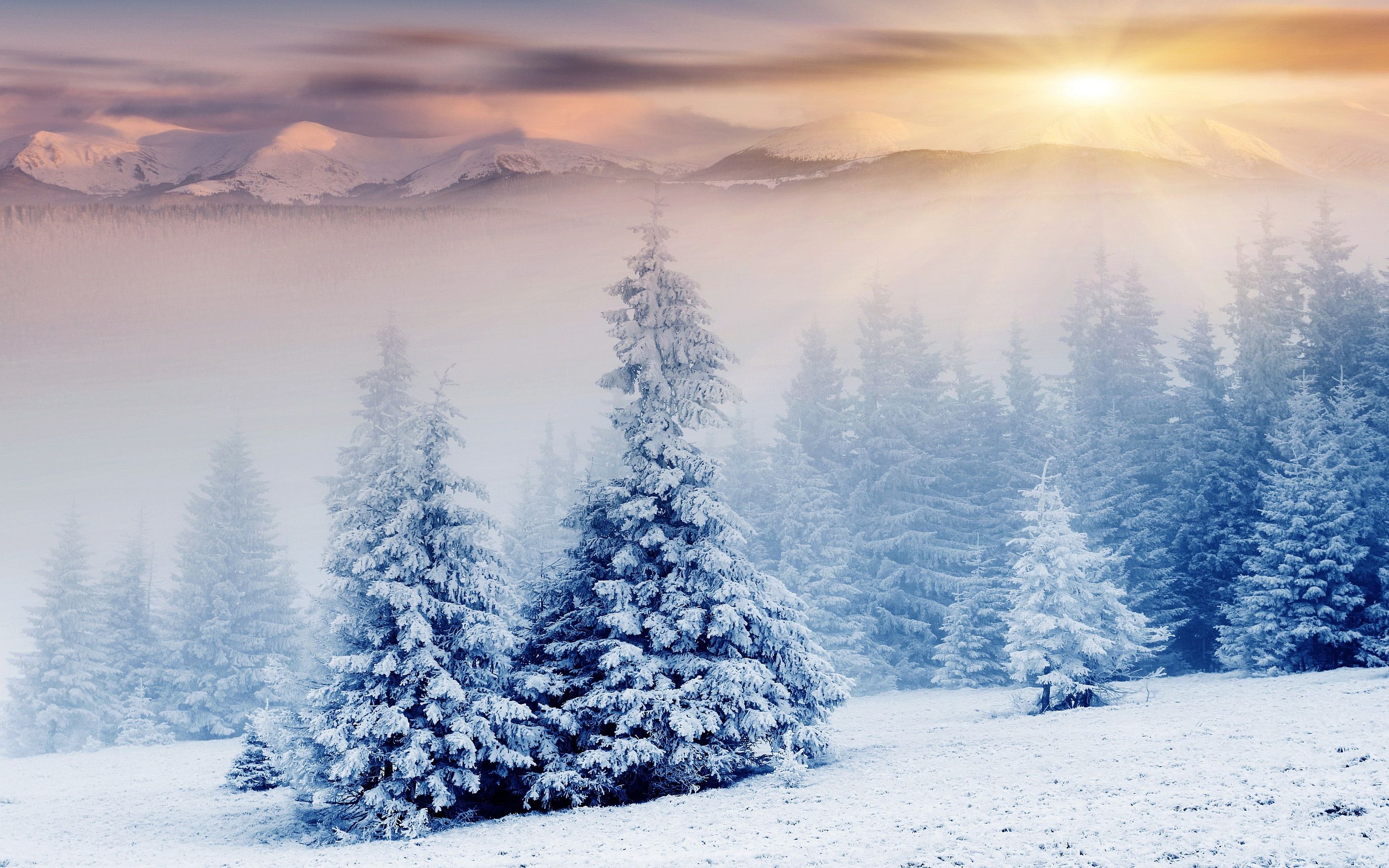 2880x1800 Sunset snow landscape, Desktop