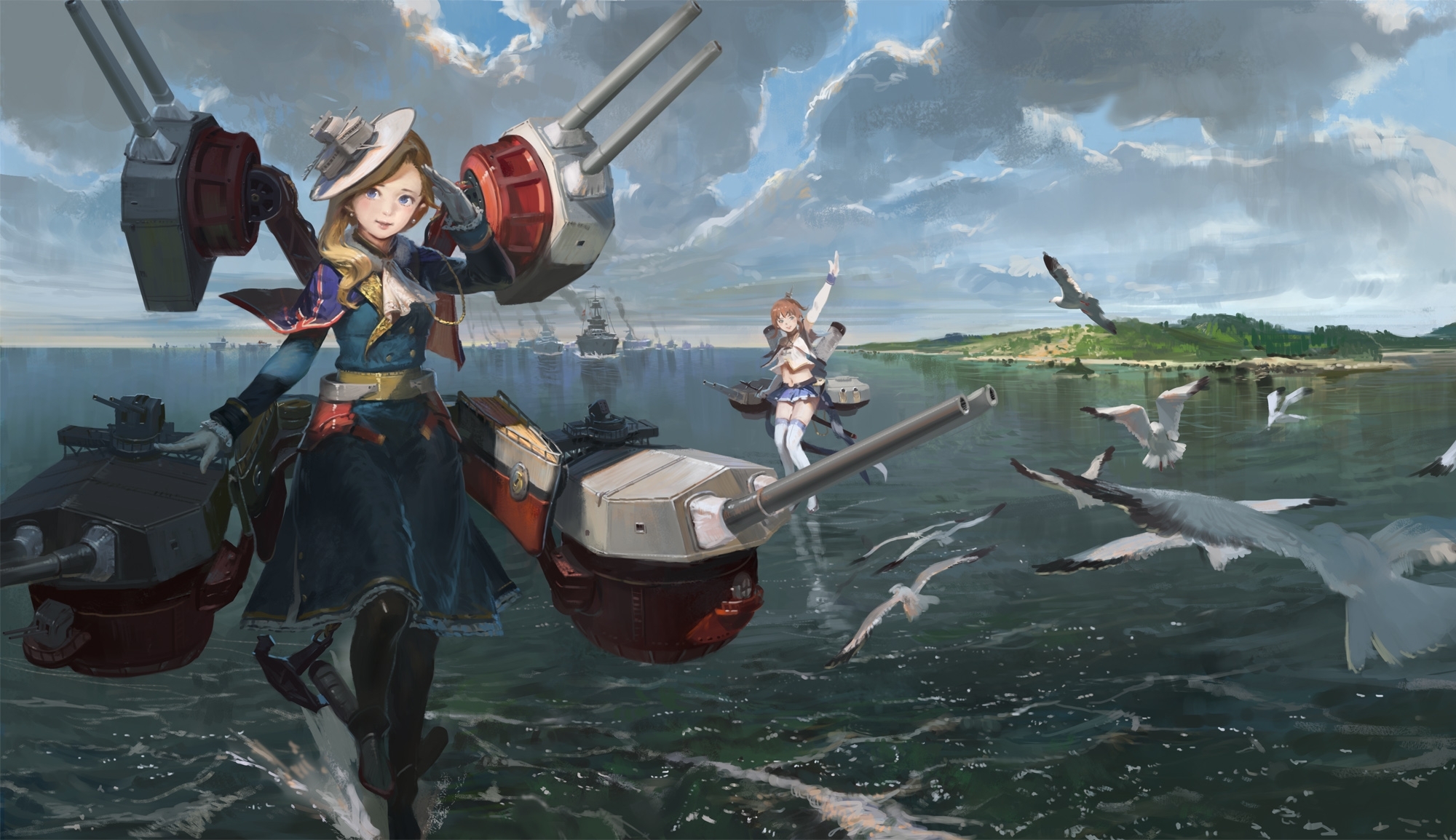 2000x1160 Wallpaper Azur Lane, Cleveland, Hood, Birds, Painting, Ships, Clouds, Desktop