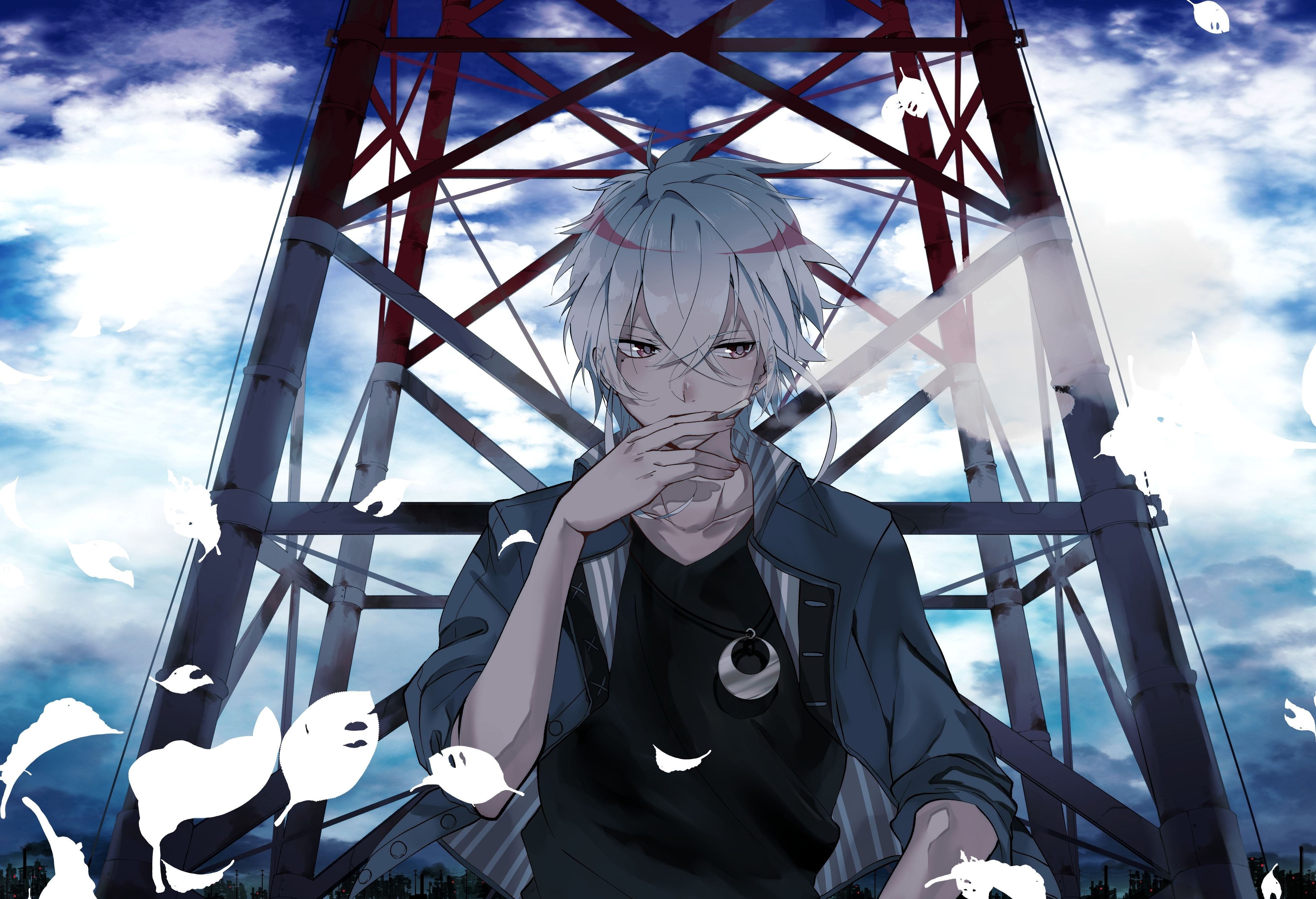 3910x2670 Wallpaper, smoking, tower, male, feathers, sky, clouds, anime, necklace, white hair, smoke, Desktop