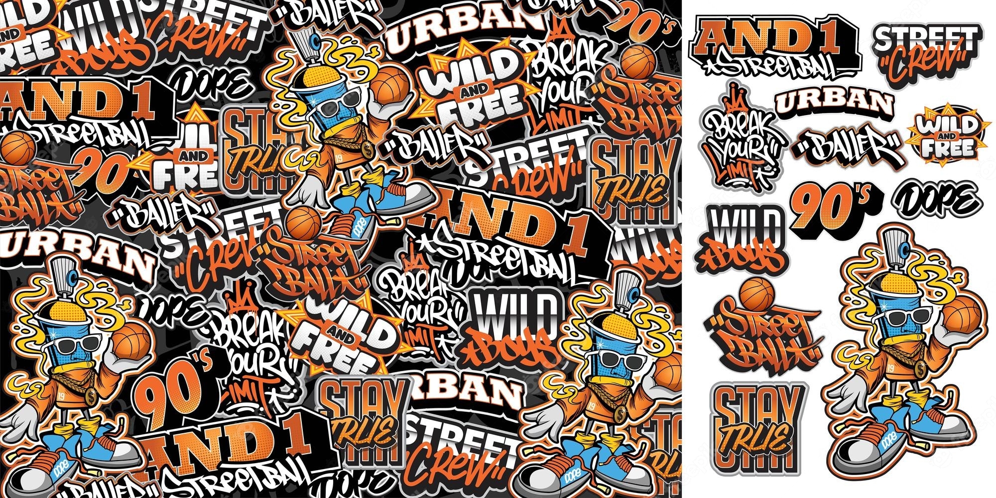 2000x1000 Premium Vector. A set of colorful sticker art designs of the street basketball illustrations in graffiti style, Dual Screen