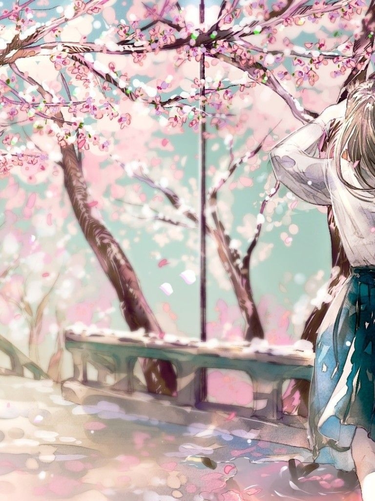 770x1030 Download  Cherry Blossom, Sakura, Anime Girl, Back View, Phone