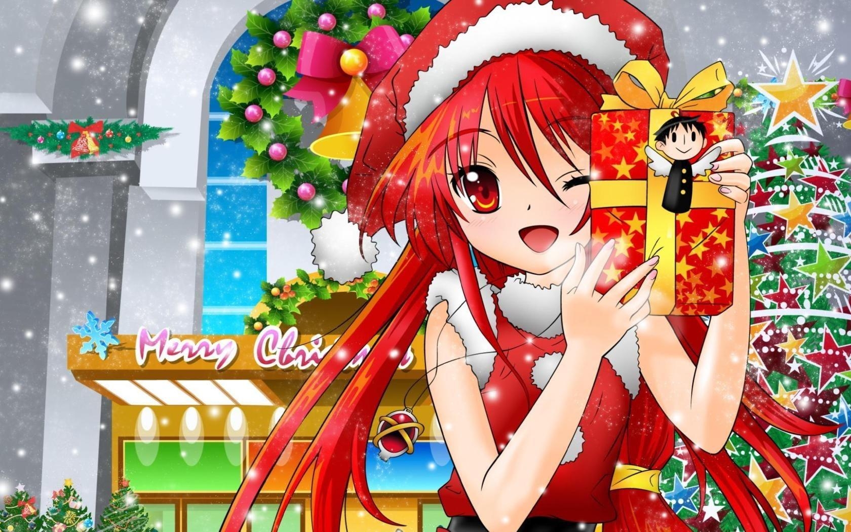 1680x1050 Merry Christmas anime character holding gift box HD wallpaper, Desktop