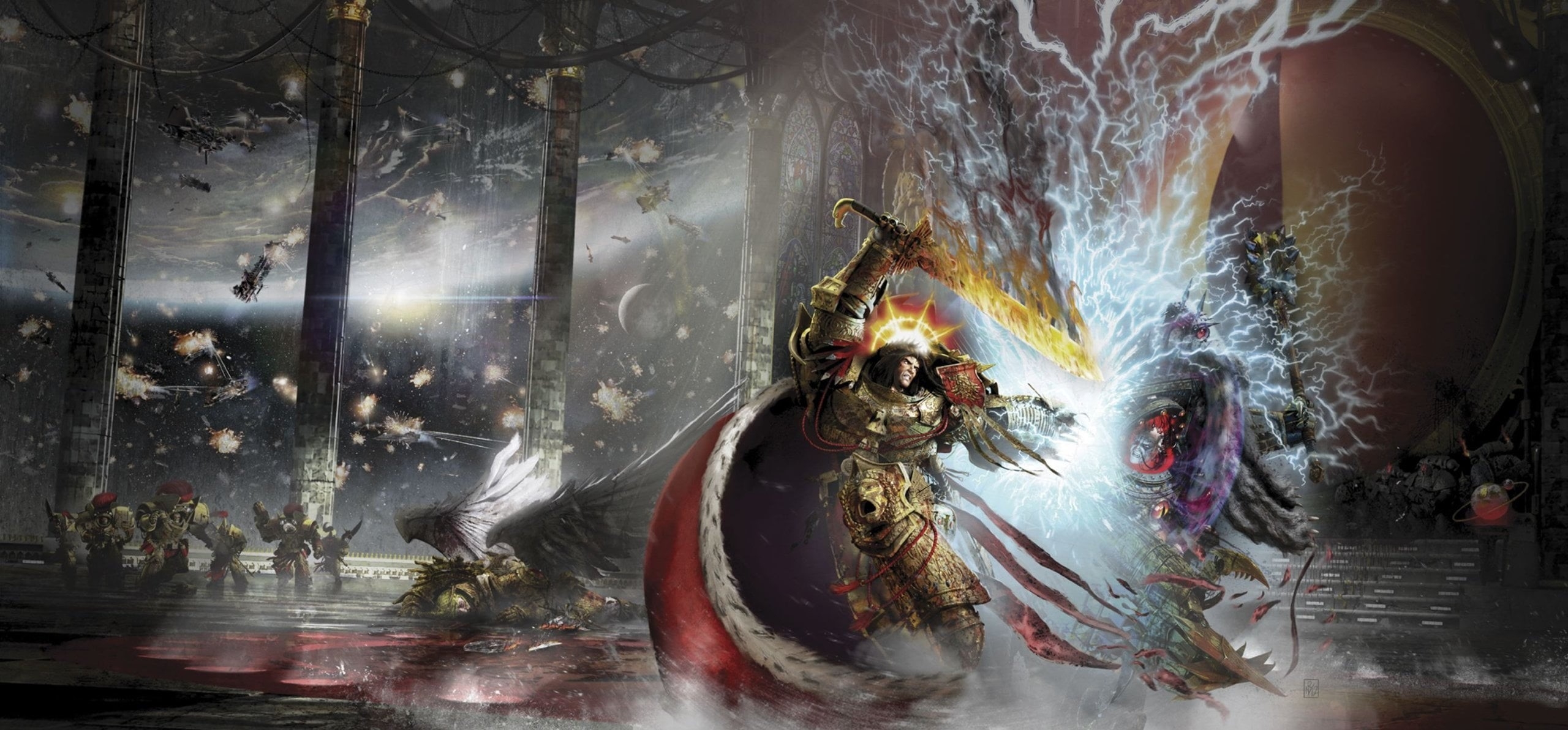 2560x1200 Wallpaper / Custodes, festival, carnival event, wallpaper, Sanguinius, fight, motion, sculpture, fantasy, architecture, cultures, Warhammer real people free download, Dual Screen