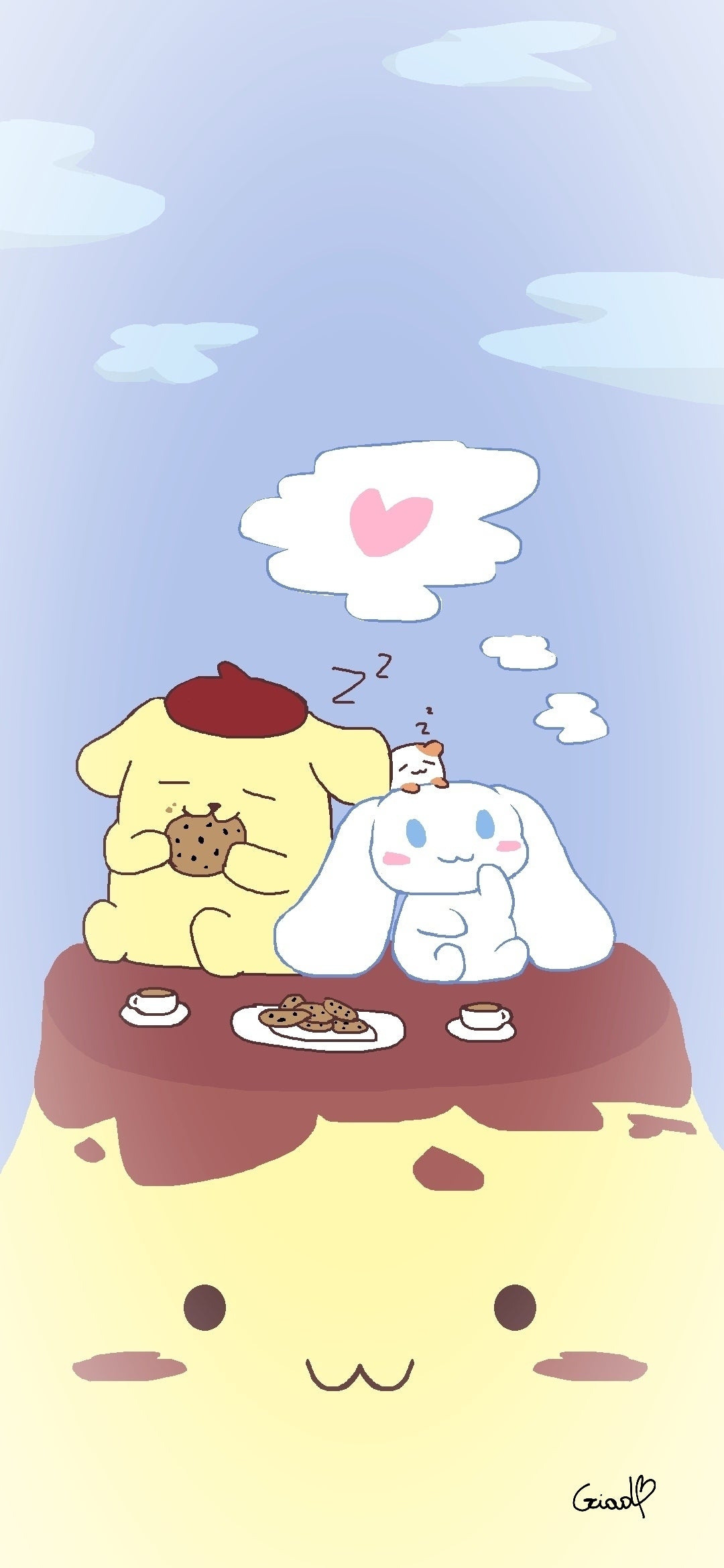 1080x2340 I made this Pompompurin and Cinnamoroll background for my phone, I tried to mix their two aesthetics but kind of failed imo. Thoughts?, Phone