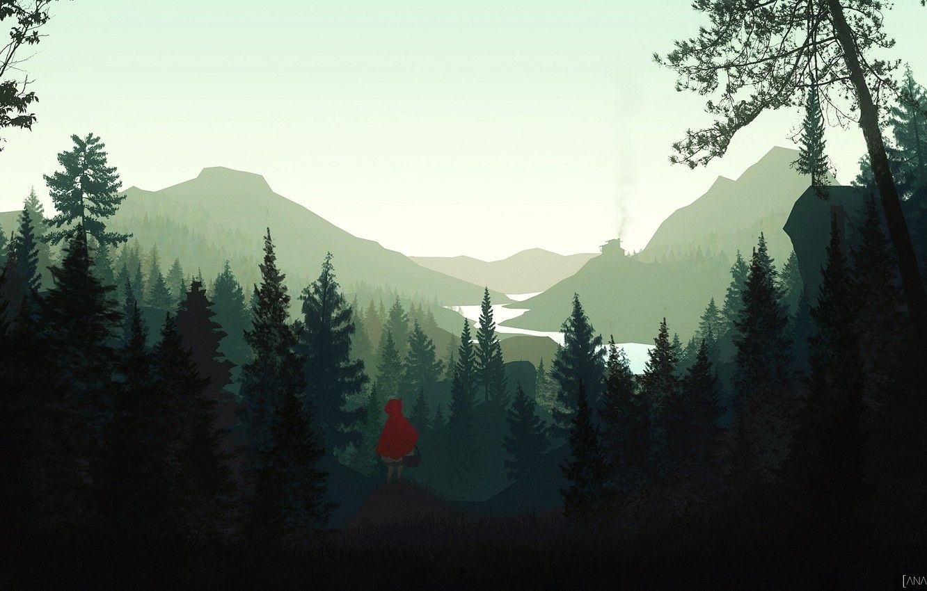 1340x850 Wallpaper Minimalism, The game, Trees, Forest, Style, Landscape, Art, Little Red Riding Hood, Forest, Characters, Firewatch, Character, Environments, Storytelling, by Asim Salman, Asim Salman image for desktop, section минимализм, Desktop