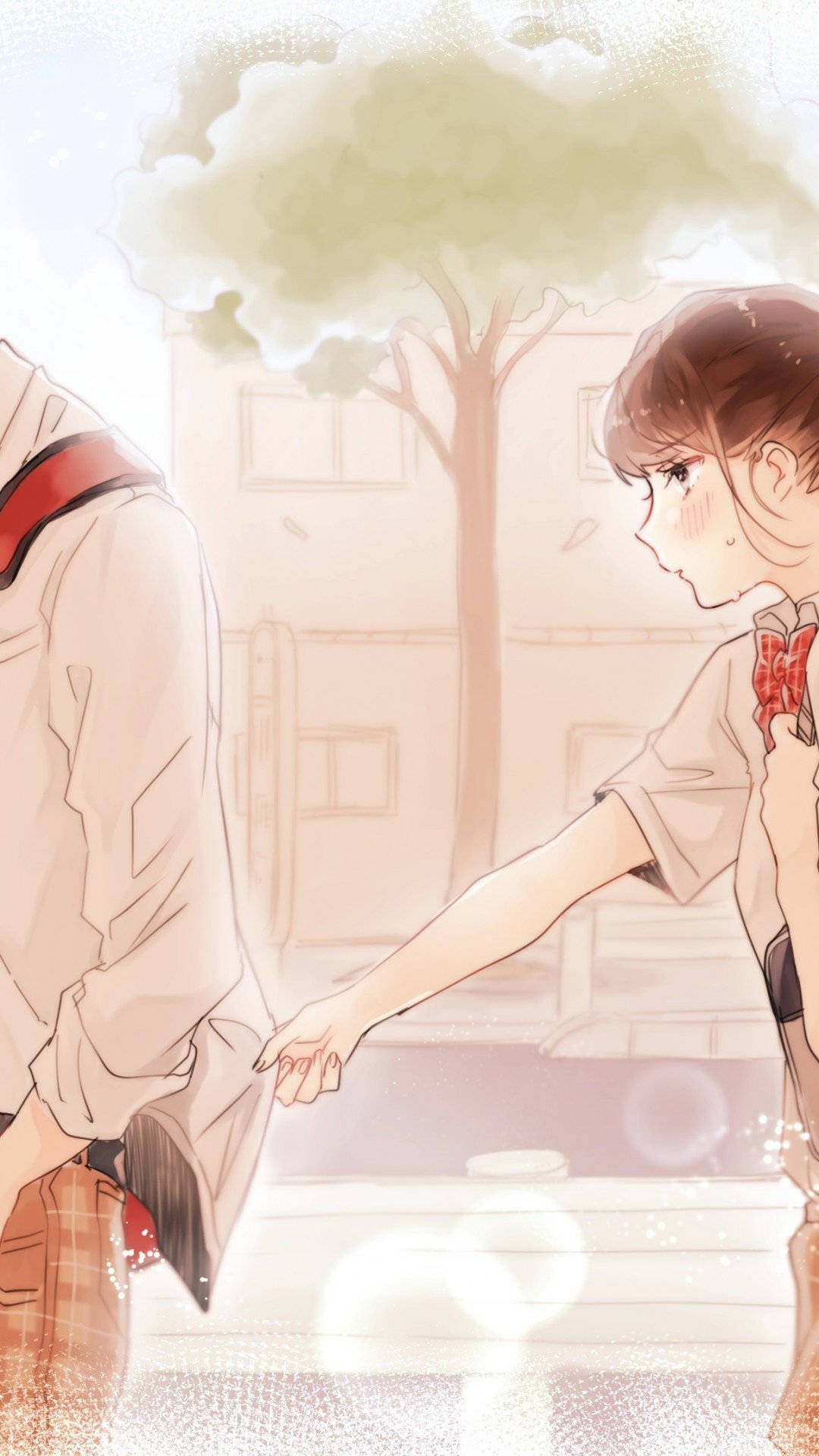 1080x1920 Download Cute Couple Matching Schoolgirl Behind Boyfriend Wallpaper, Phone