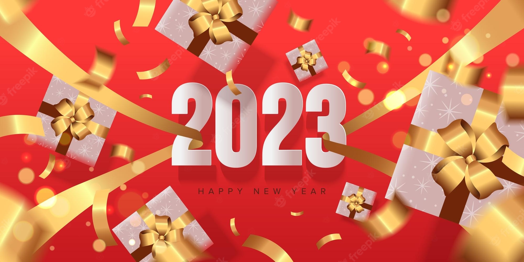 2000x1000 Premium Vector. Happy new year 2023 with number hanging on the ribbon and drop gift box from the top view, Dual Screen