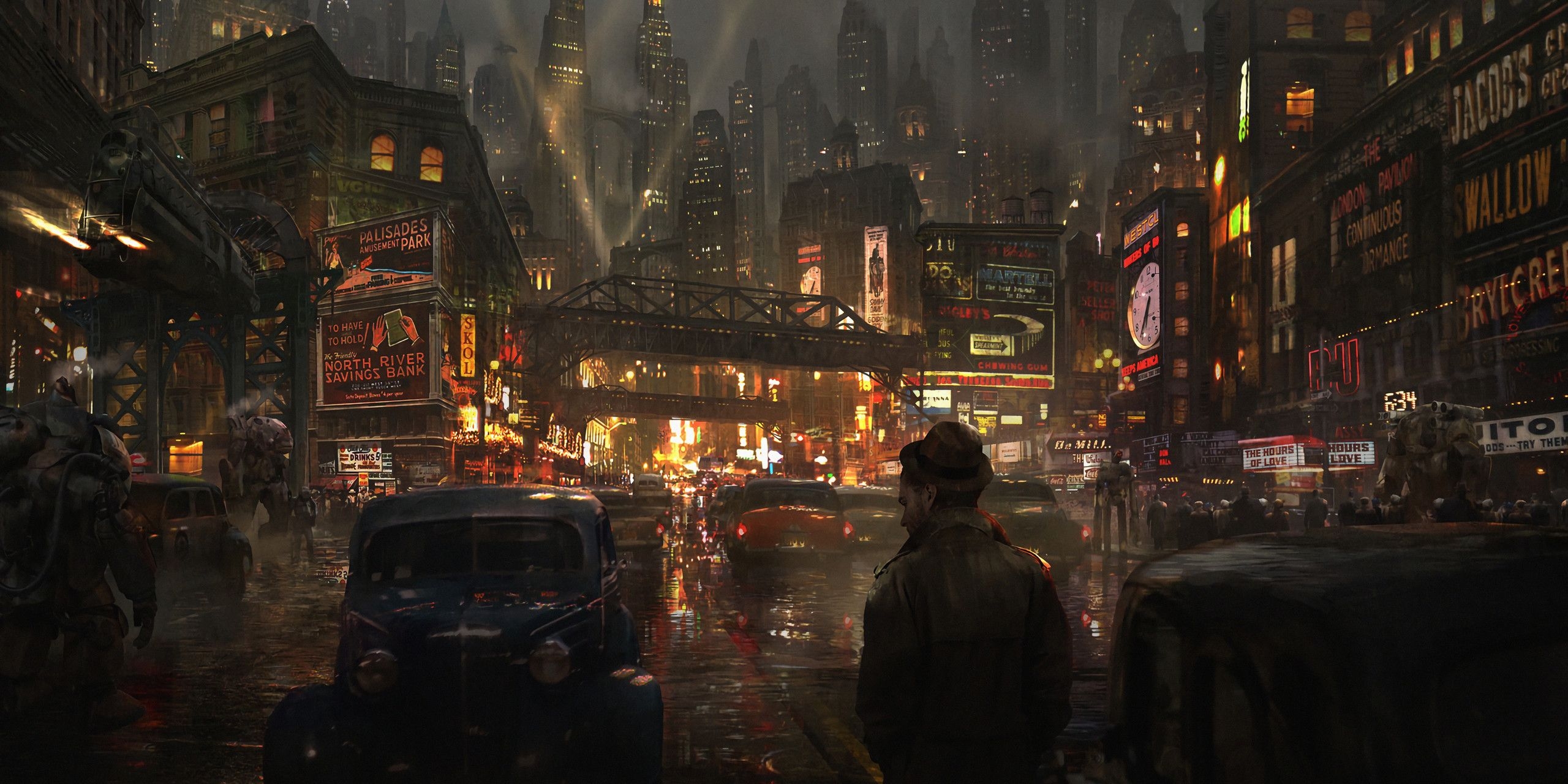 2560x1280 Wallpaper, artwork, city, car, dieselpunk, fantasy art, Dual Screen