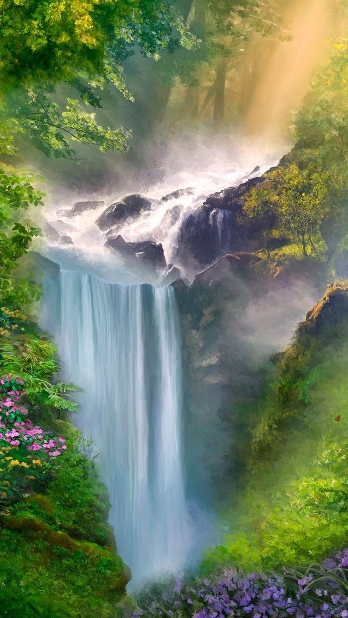 700x1250 Waterfall Grass Green Trees Purple Pink Flowers Spring Wallpaper Hd Phone Wallpaper. Spring Wallpaper, Spring Picture, Scenery Wallpaper, Phone