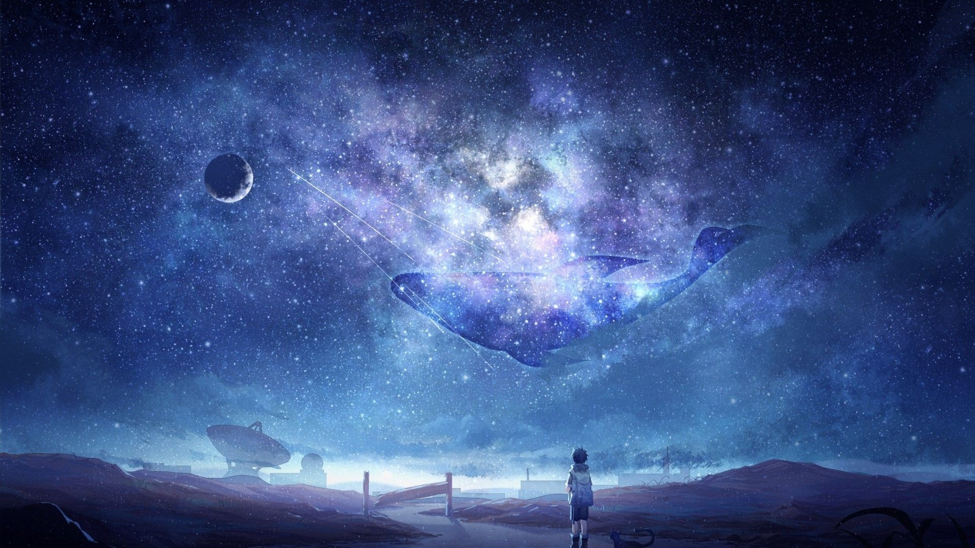 1920x1080 Anime Sky, Milky Way, Stars, Anime Boy, Dog, Moon, Desktop