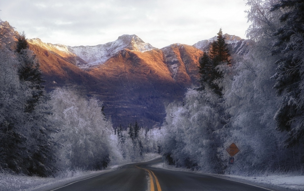 1280x810 Winter Trees Road Sky Mountain wallpaper. Winter Trees Road Sky Mountain, Desktop