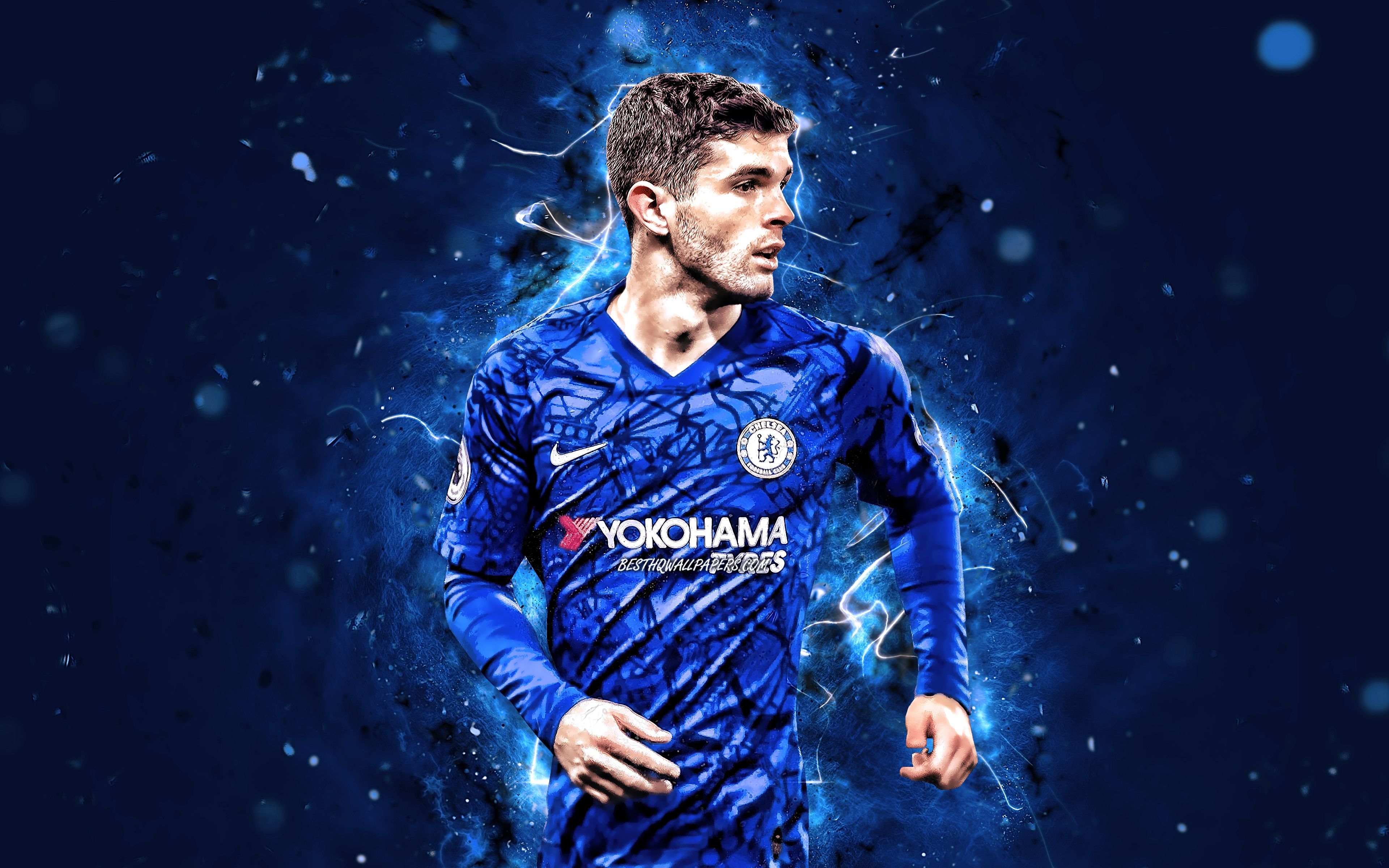 3840x2400 Download wallpaper Christian Pulisic, 4k, Chelsea FC, american footballers, soccer, England, Christian Mate Pulisic, Premier League, neon lights, Christian Pulisic 4K, Christian Pulisic Chelsea for desktop with resolution. High Quality, Desktop