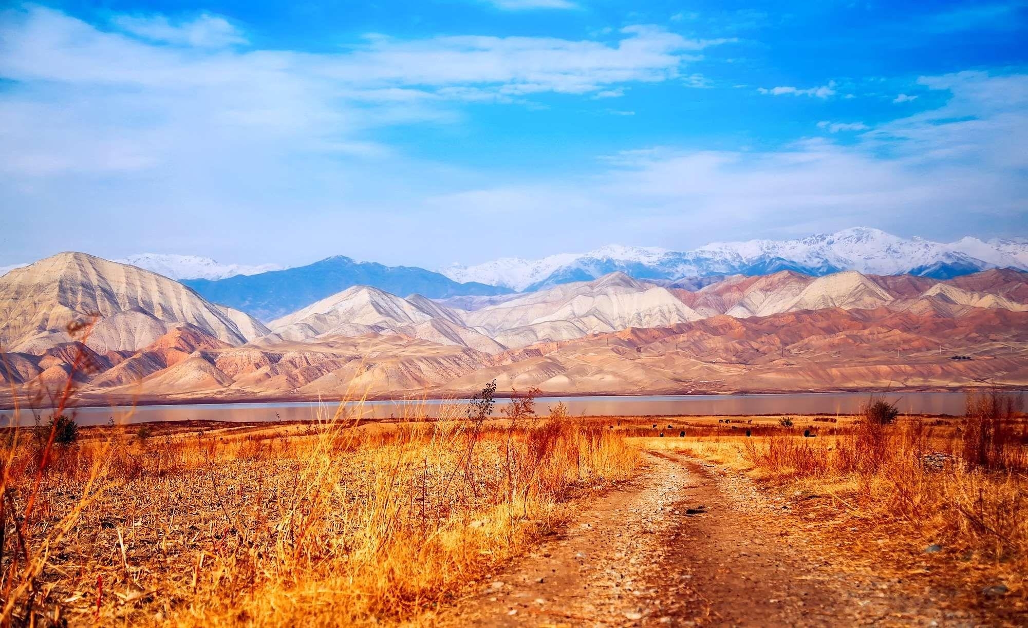 2010x1230 clouds #country #dirt road #kyrgyzstan #landscape #mountains #nature, Desktop