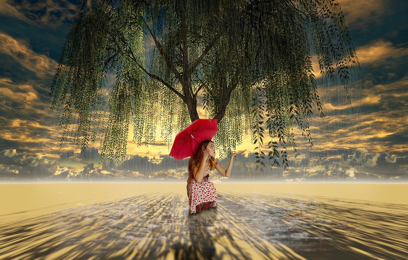 1340x850 Wallpaper tree, umbrella, art, girl, weeping willow image for desktop, section ситуации, Desktop