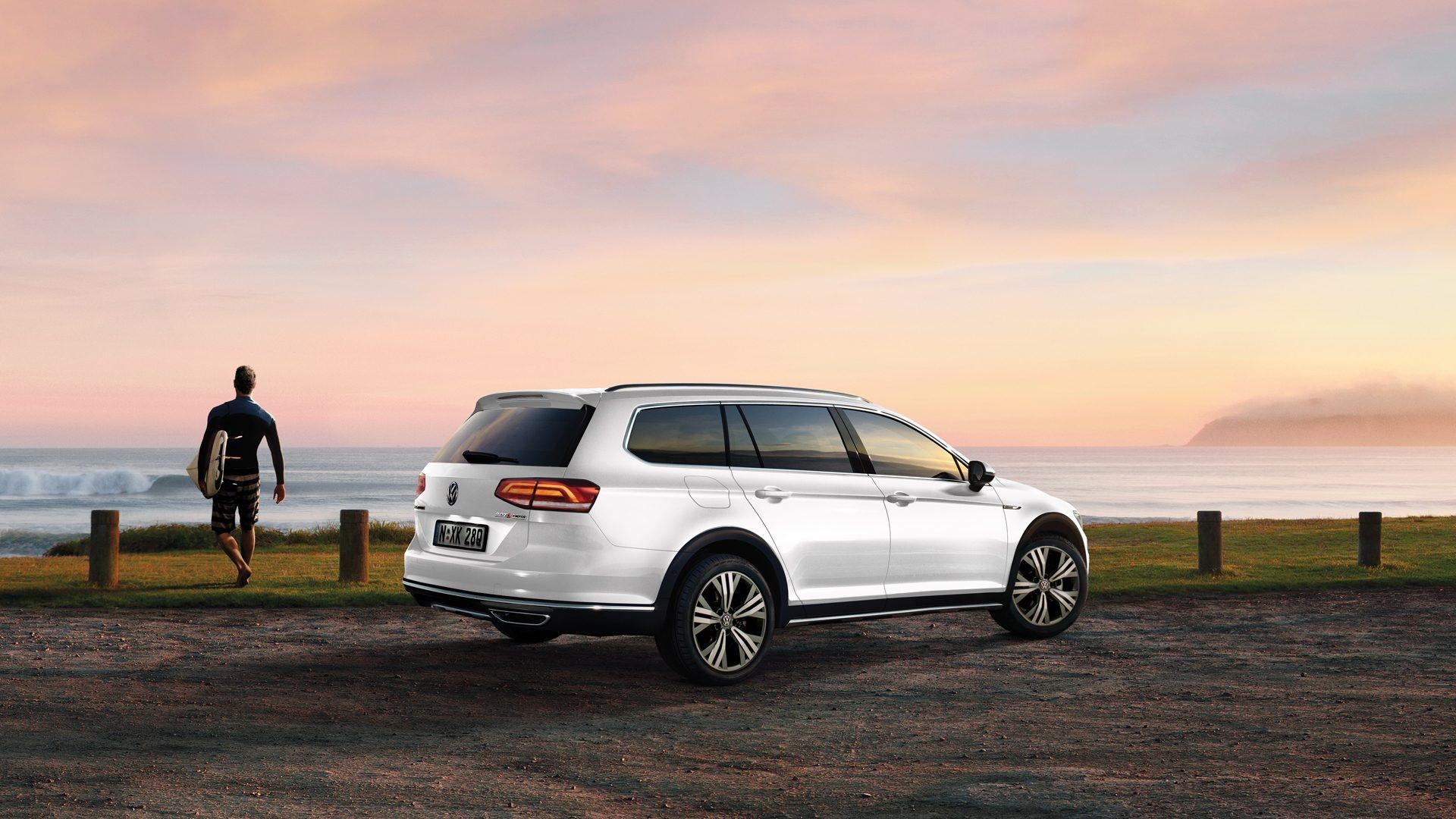 1920x1080 Volkswagen Passat Alltrack white color side view near lake off, Desktop