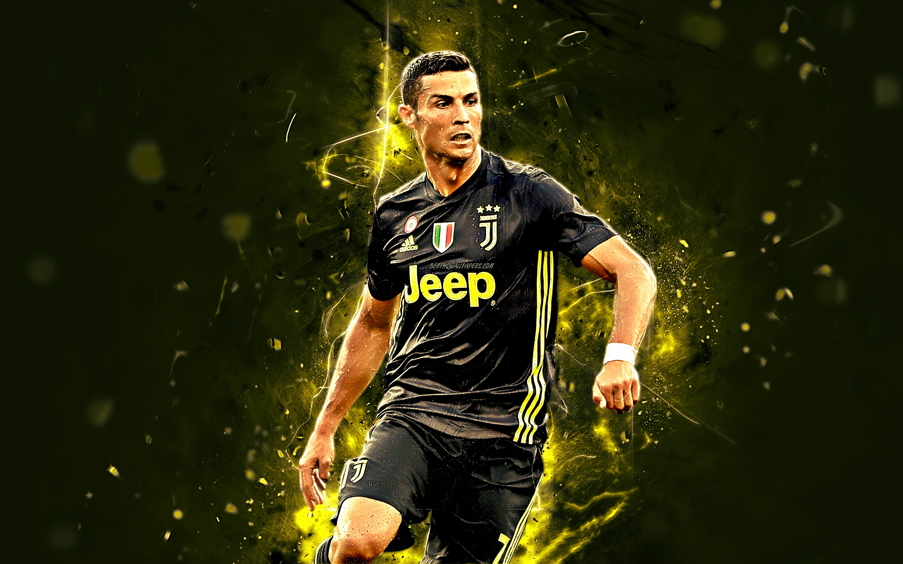 2880x1800 Download wallpaper CR Ronaldo, black uniform, Juventus FC, Bianconeri, portuguese footballers, abstract art, soccer, Serie A, Cristiano Ronaldo, neon lights, CR7 Juve for desktop with resolution. High Quality HD picture wallpaper, Desktop