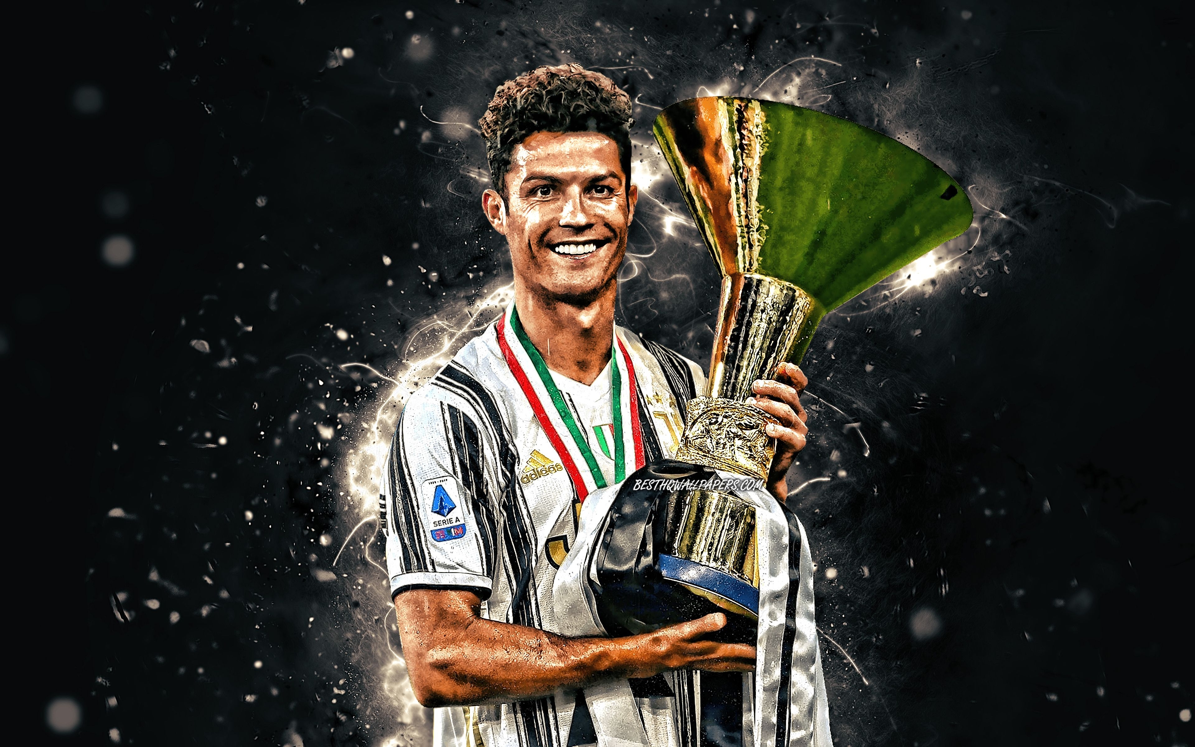 3840x2400 Download wallpaper Cristiano Ronaldo with cup, 4k, Juventus 2020 uniform, CR portuguese footballers, Italy, Bianconeri, Juventus FC, Cristiano Ronaldo, soccer, CR7 Juve, football stars, Serie A, Cristiano Ronaldo 4K, white neon lights, Desktop