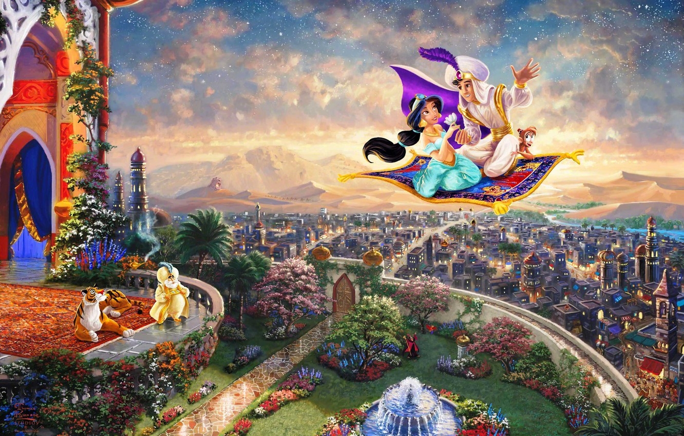 1340x850 Wallpaper the city, fountain, painting, Palace, Aladdin, Thomas Kinkade, painting, Kingdom, Jasmine, Walt Disney, Thomas Kinkade, Disney, Princess, Aladdin, Thomas Kinkade STUDIOS, Sultan image for desktop, section живопись, Desktop