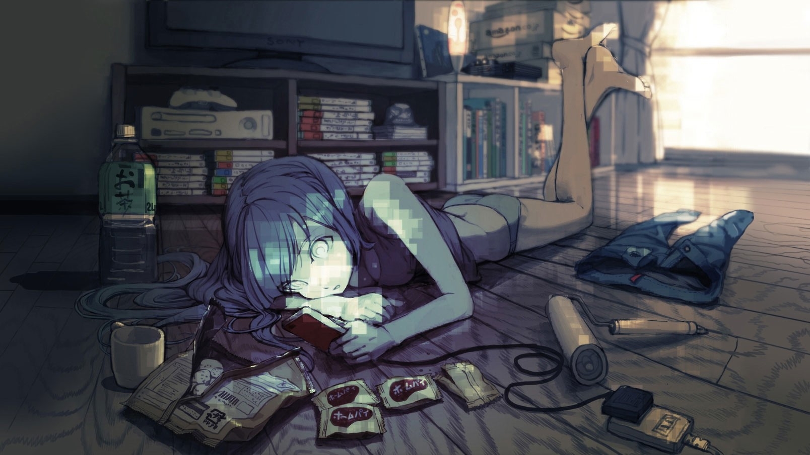 1610x910 Wallpaper, anime girls, blue hair, room, original characters, games, screenshot, gadget, pc game, Desktop