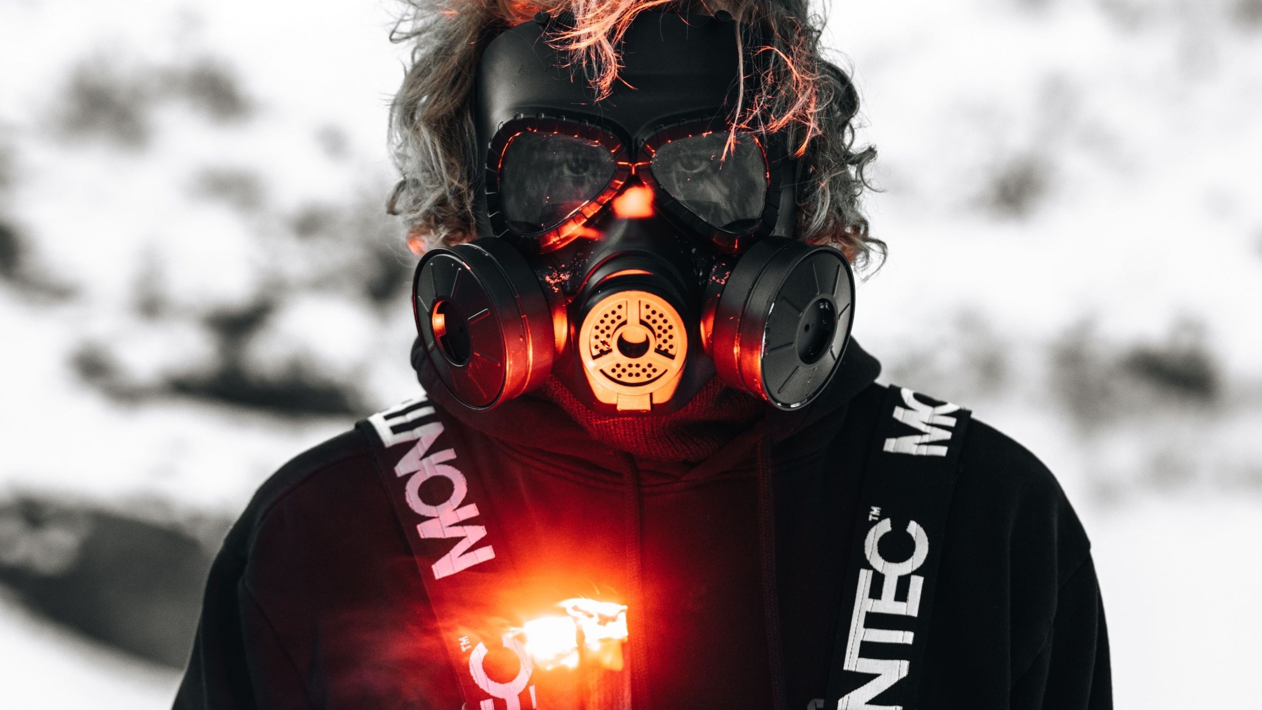 2560x1440 Gas mask Wallpaper 4K, Hoodie, Person, Flare, Adventure, 5K, Photography, Desktop