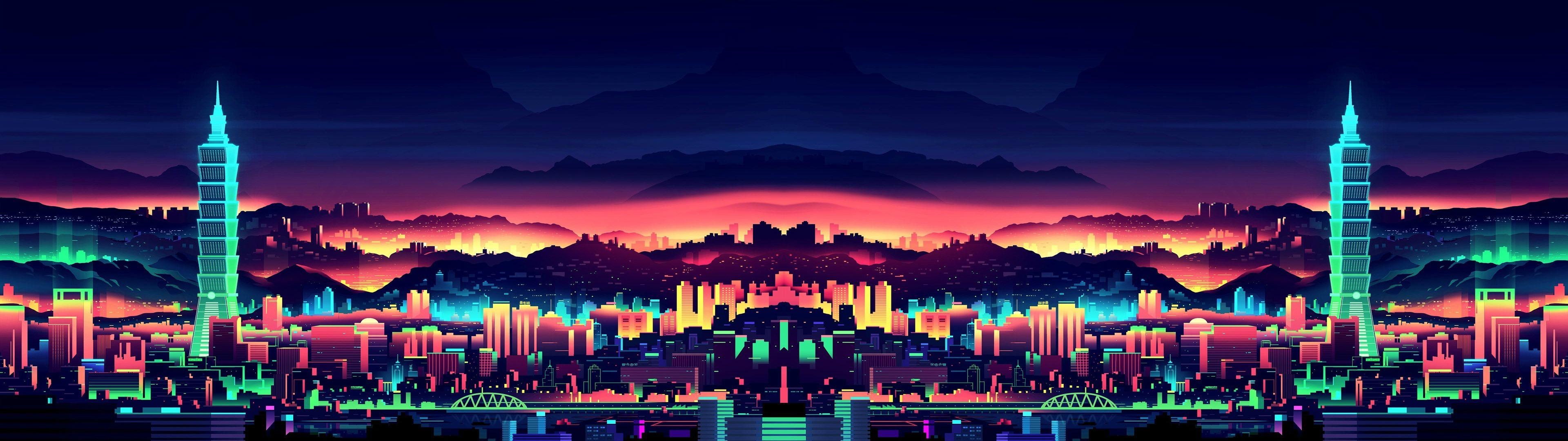 3840x1080 Neon city  wallpaper 1920x1080 versions included, Dual Screen