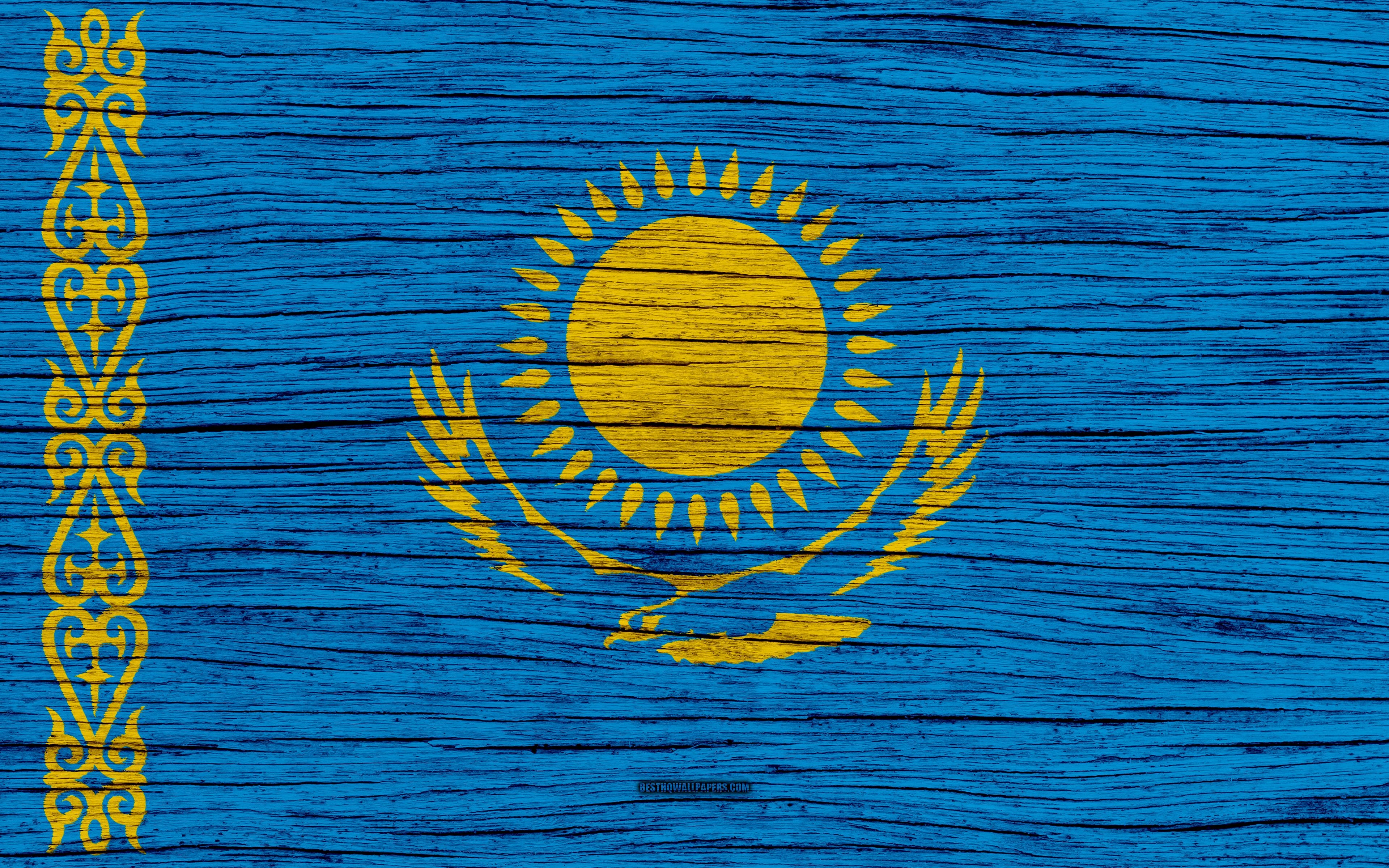 3840x2400 Download wallpaper Flag of Kazakhstan, 4k, Asia, wooden texture, Desktop