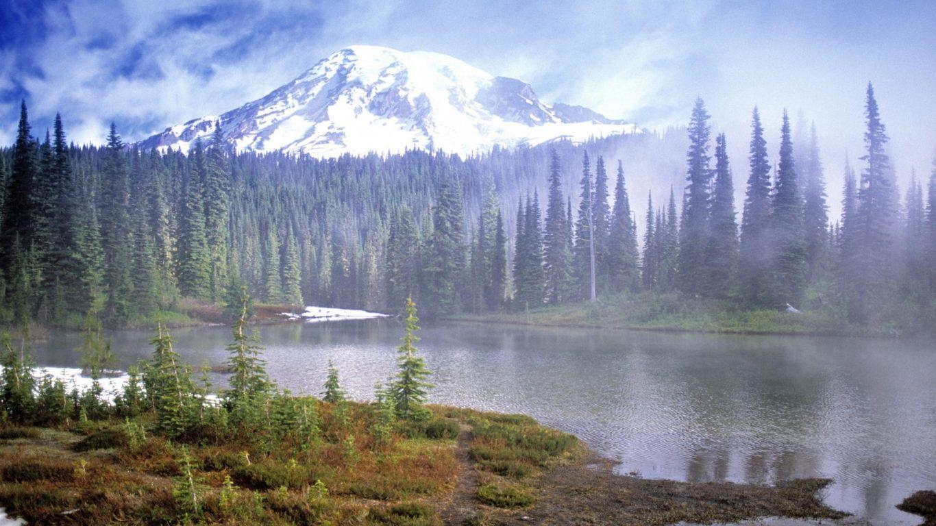 1370x770 Mountains: Fog Mount Rainier National Park Washington Forest Lake, Desktop