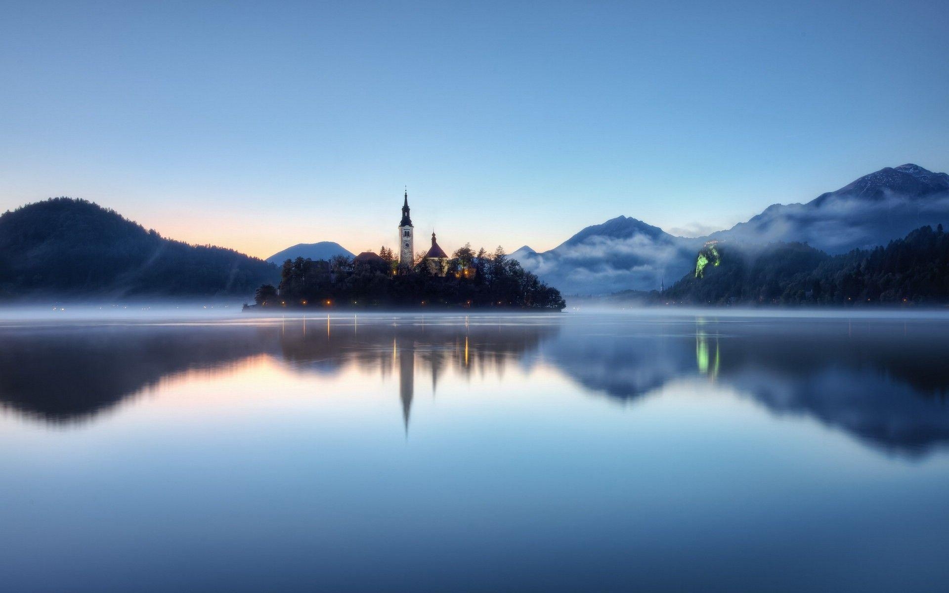 1920x1200 lake, Tower, Slovenia, Landscape, Calm, Sunset, Hill, Lake Bled, Desktop