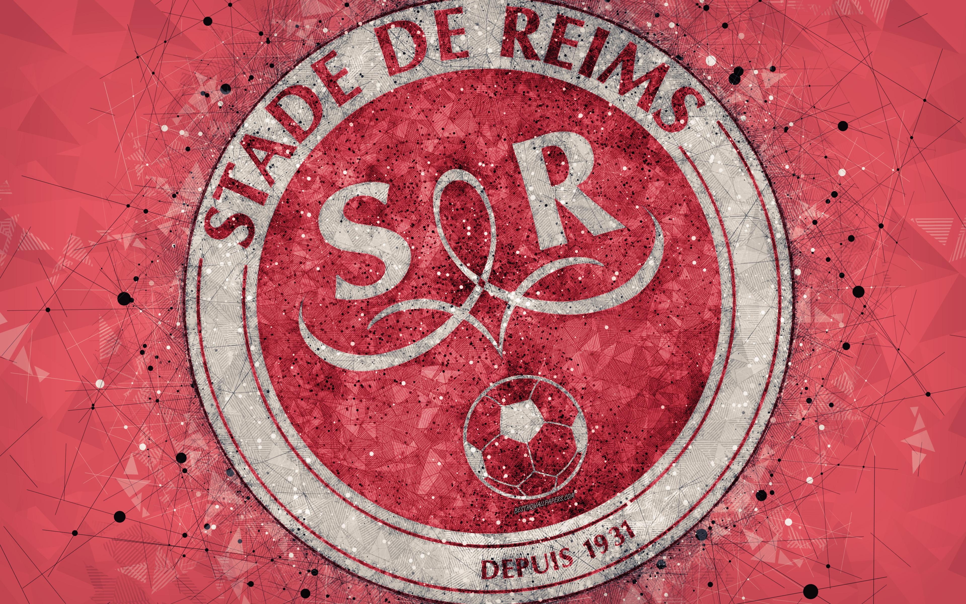 3840x2400 Download wallpaper Stade de Reims, 4k, logo, geometric art, French, Desktop