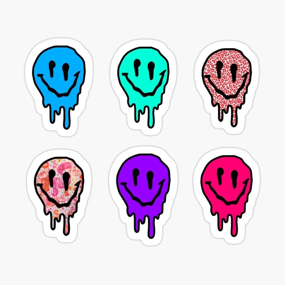 1000x1000 Assorted color and print drip smiley faces Sticker by abbyfischler. Face stickers, Drip smiley face wallpaper, Smiley face, Phone